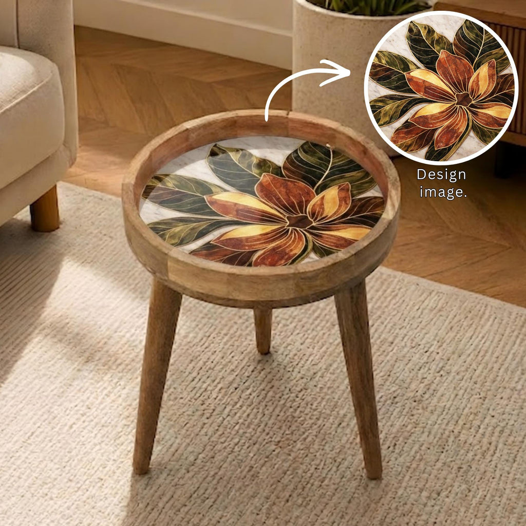 Handmade Mango Wood Side Table | Floral Printed Round Accent Boho Furniture