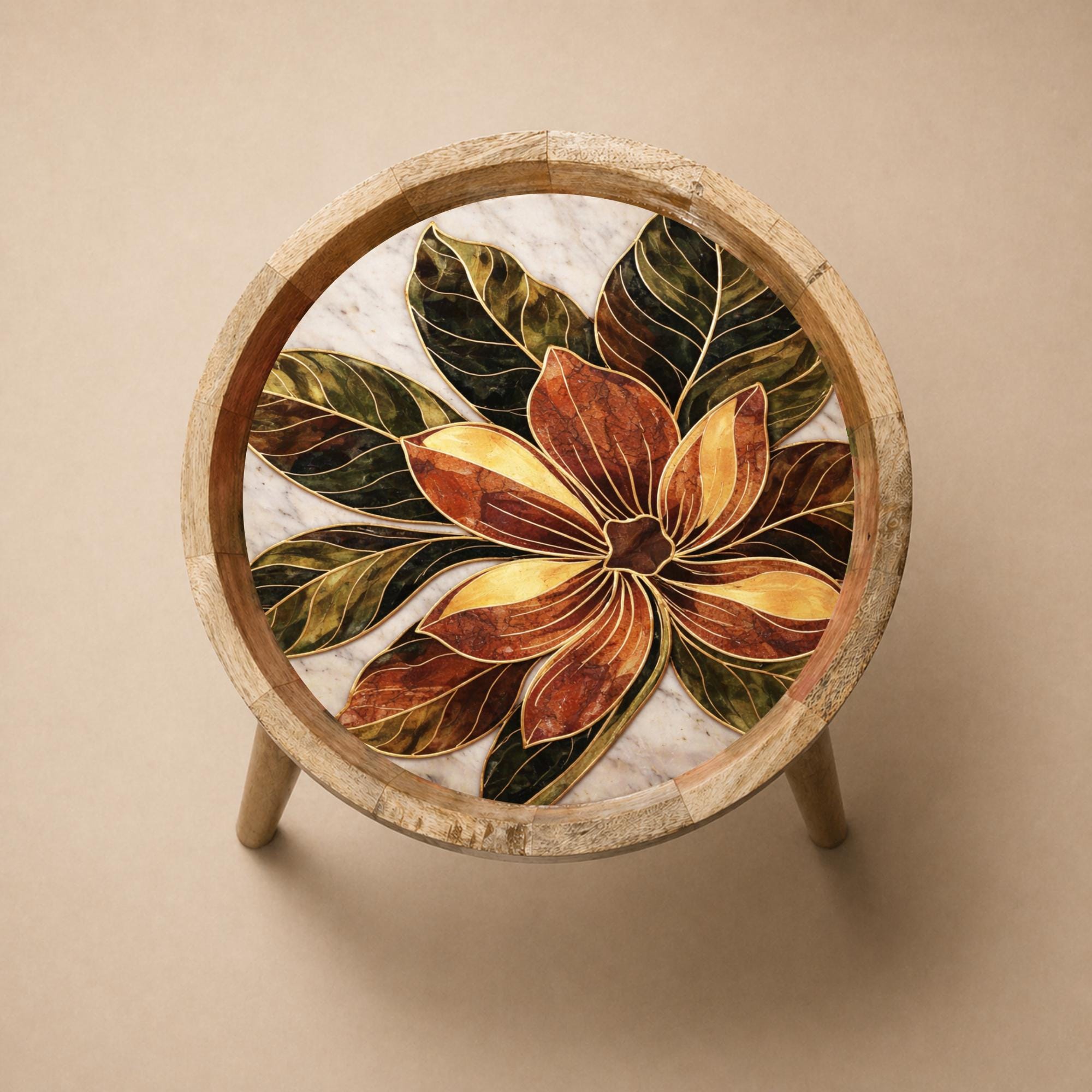 Handmade Mango Wood Side Table | Floral Printed Round Accent Boho Furniture