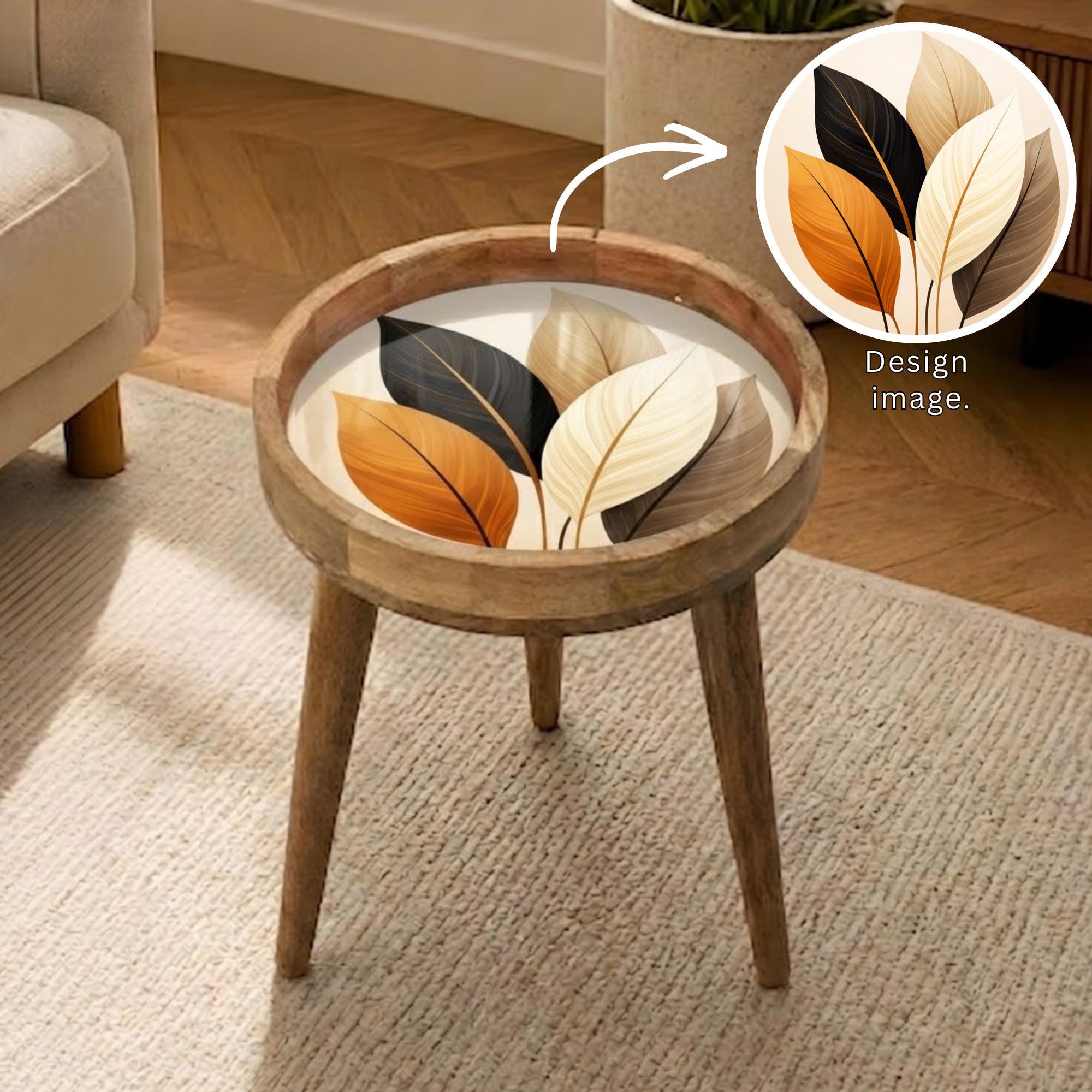 Handmade Mango Wood Side Table | Leaf Print Round Accent Boho Decor