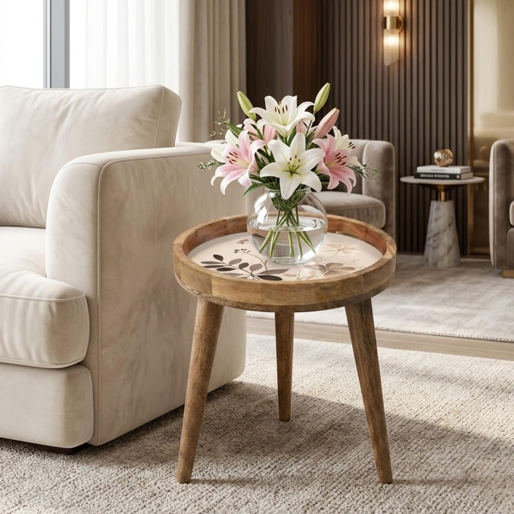 Neutral Botanical Mango Wood Side Table | Round Floral Accent Table | Minimalist Decor