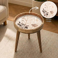 Neutral Botanical Mango Wood Side Table | Round Floral Accent Table | Minimalist Decor