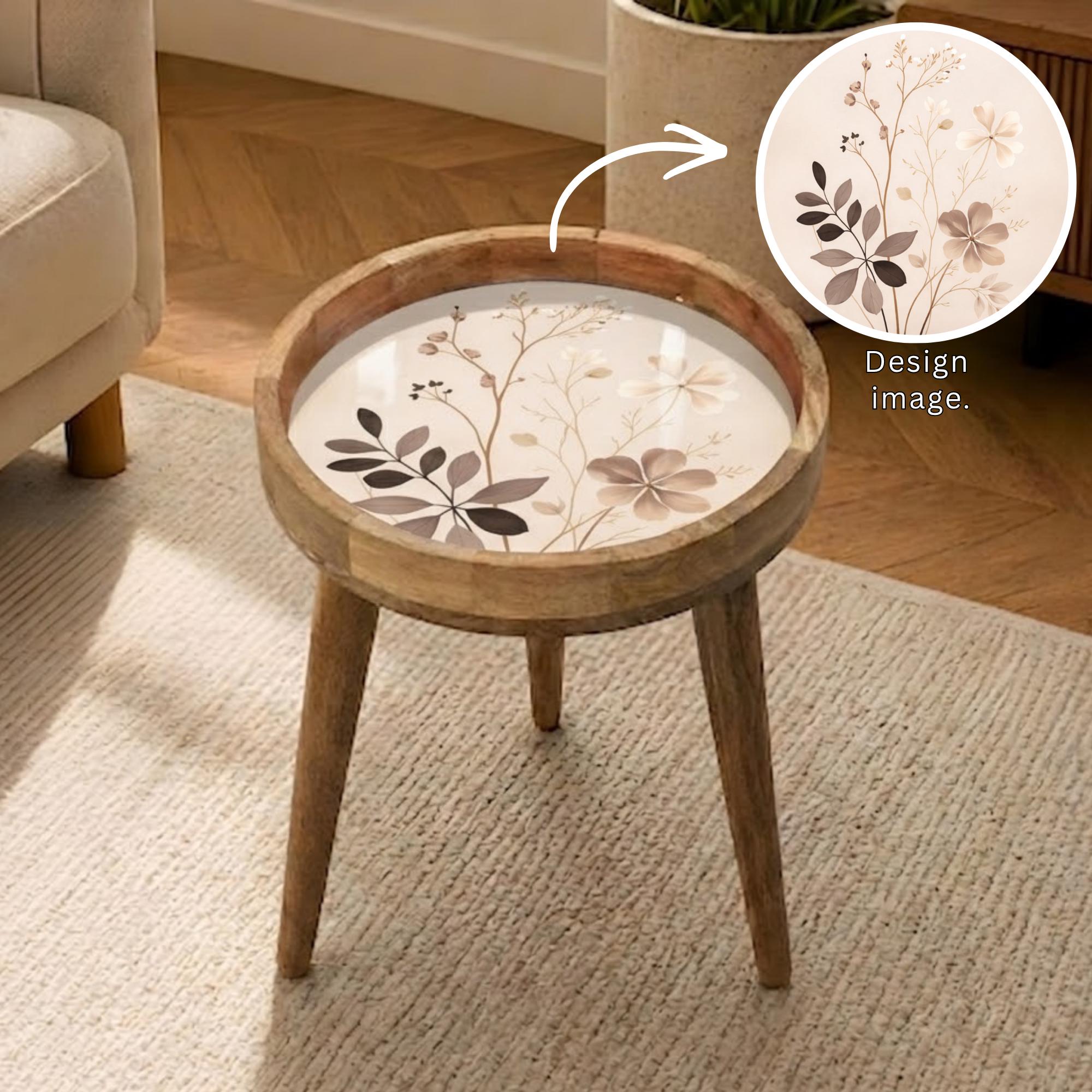Neutral Botanical Mango Wood Side Table | Round Floral Accent Table | Minimalist Decor