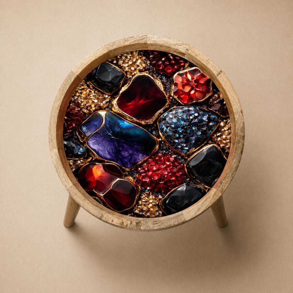 Handmade Mango Wood Side Table | Gemstone Print Round Accent Table | Modern Decor