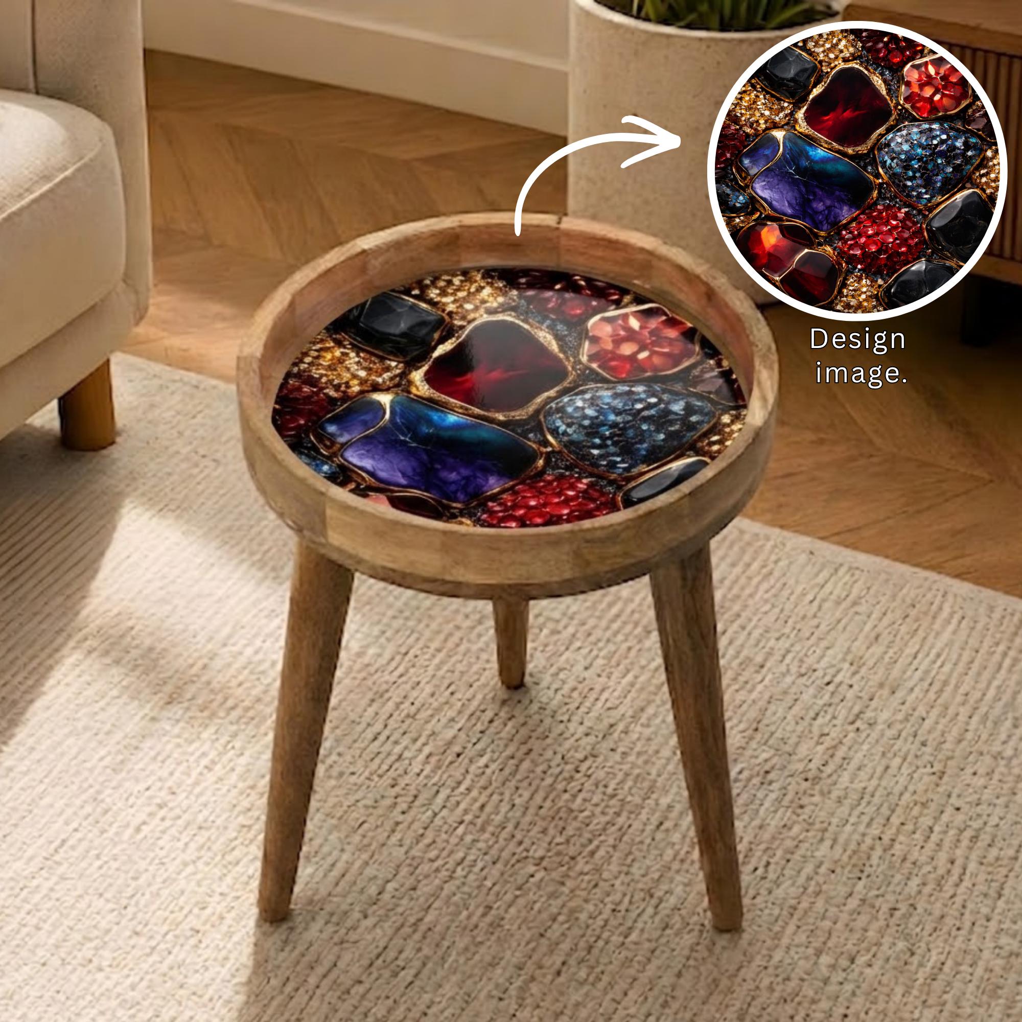 Handmade Mango Wood Side Table | Gemstone Print Round Accent Table | Modern Decor