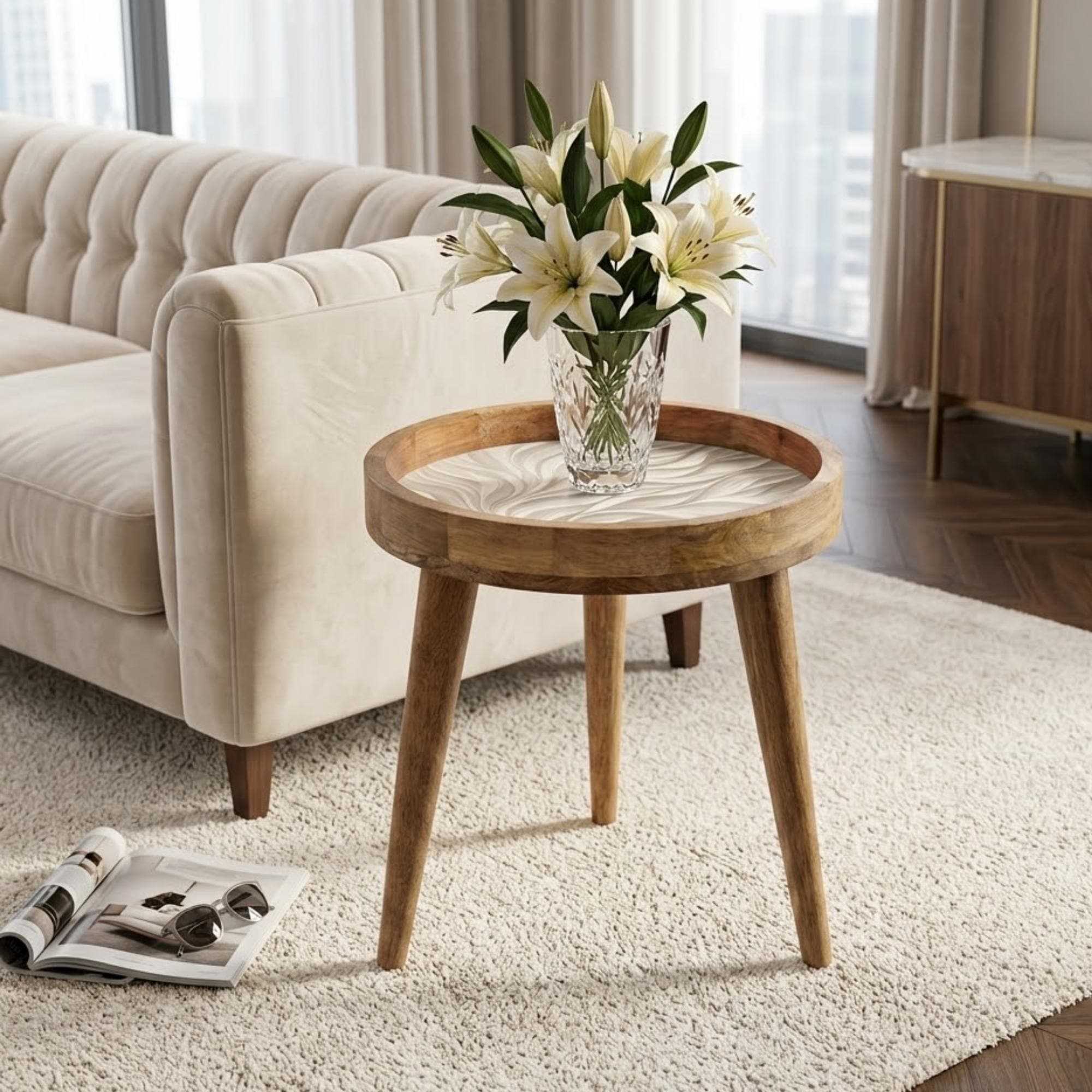 Handmade Mango Wood Round Side Table | Abstract Wave Print Accent Table