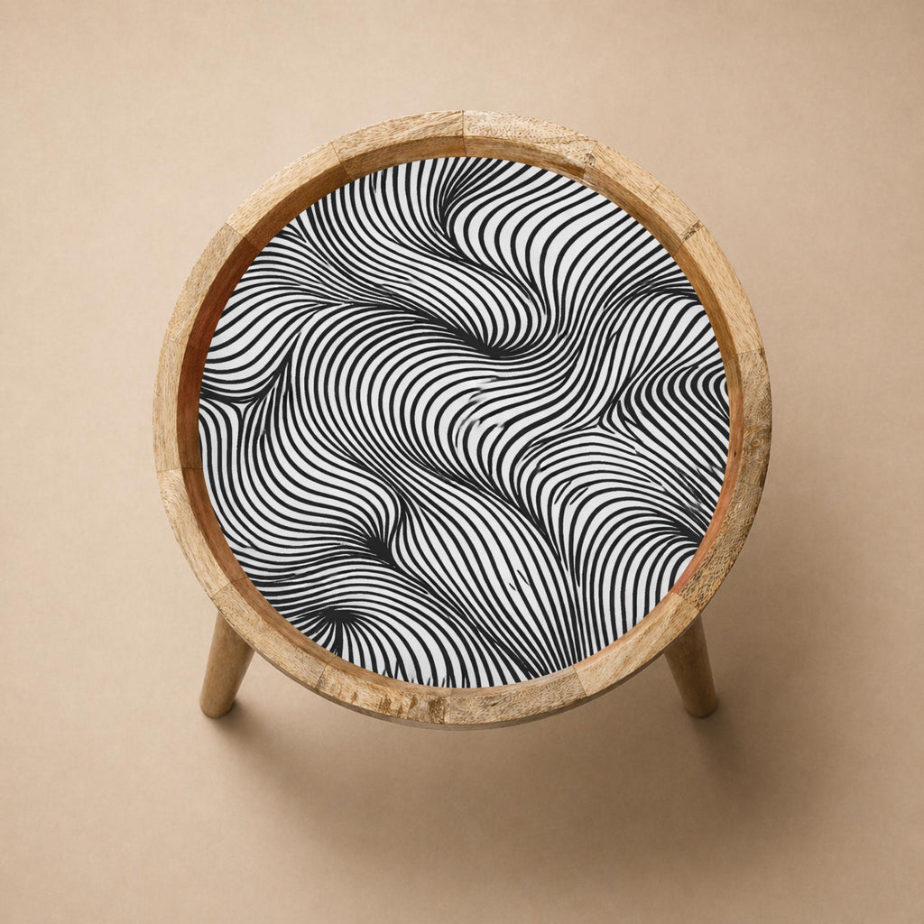 Handmade Mango Wood Side Table | Black White Abstract Print Round Accent