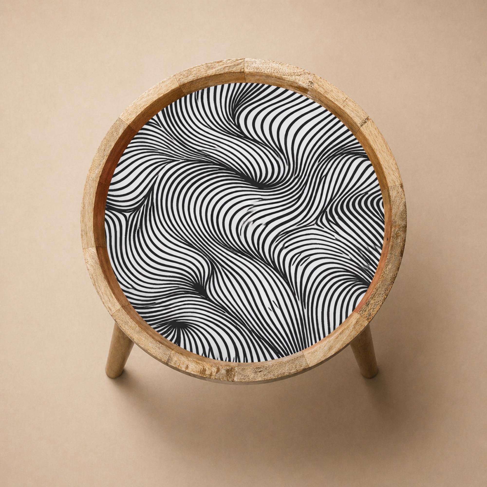 Handmade Mango Wood Side Table | Black White Abstract Print Round Accent