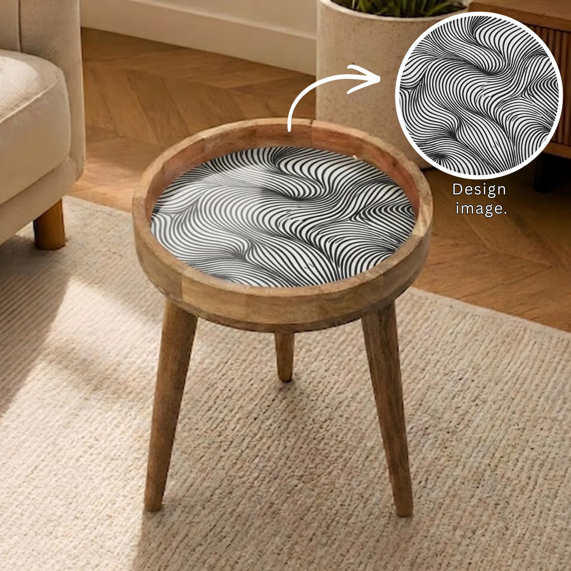 Handmade Mango Wood Side Table | Black White Abstract Print Round Accent