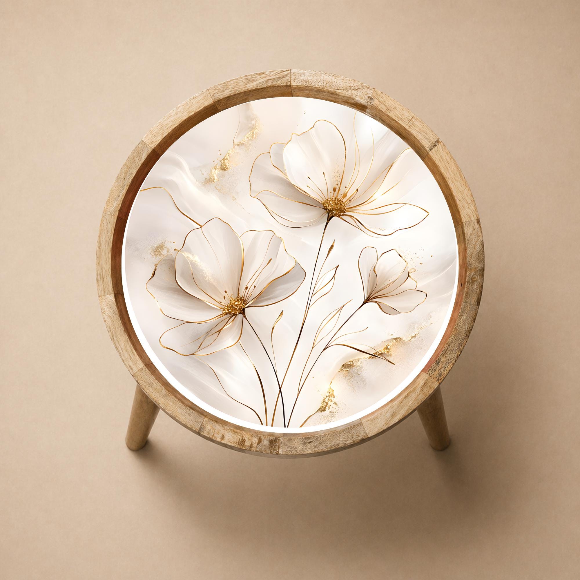 Handmade Mango Wood Side Table | Gemstone Print Round Accent Table