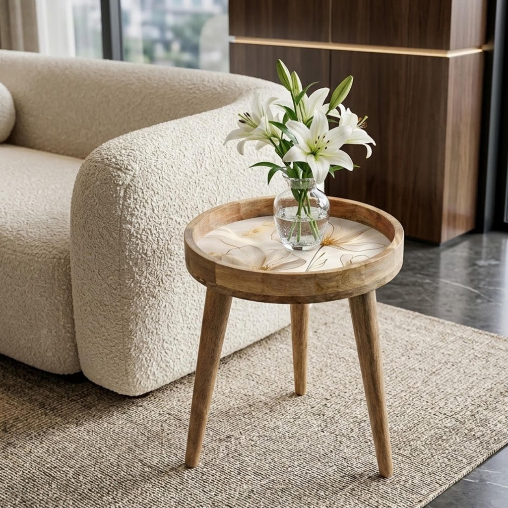 Handmade Mango Wood Side Table | Gemstone Print Round Accent Table