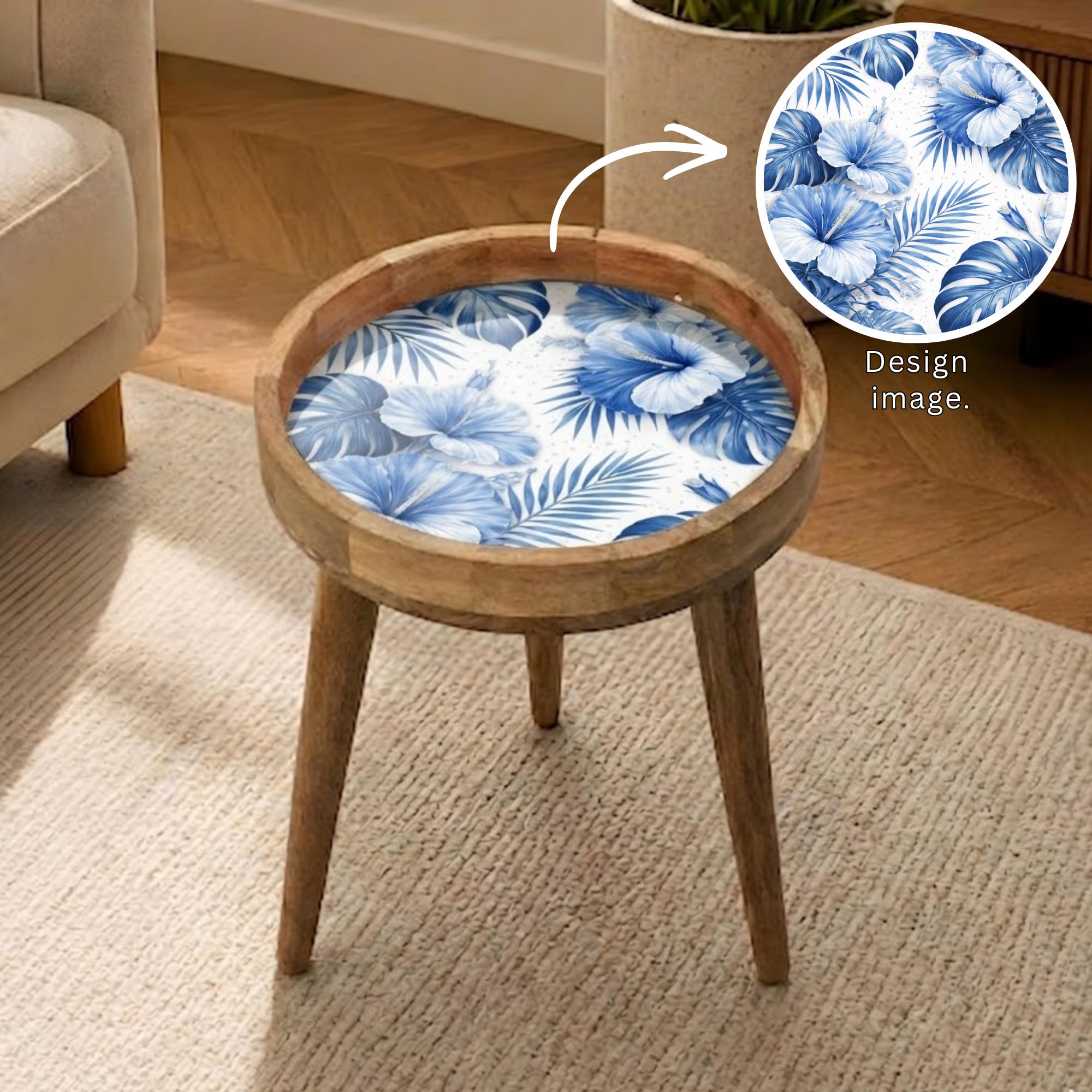 Handmade Mango Wood Side Table | Blue Tropical Floral Print, Round Accent