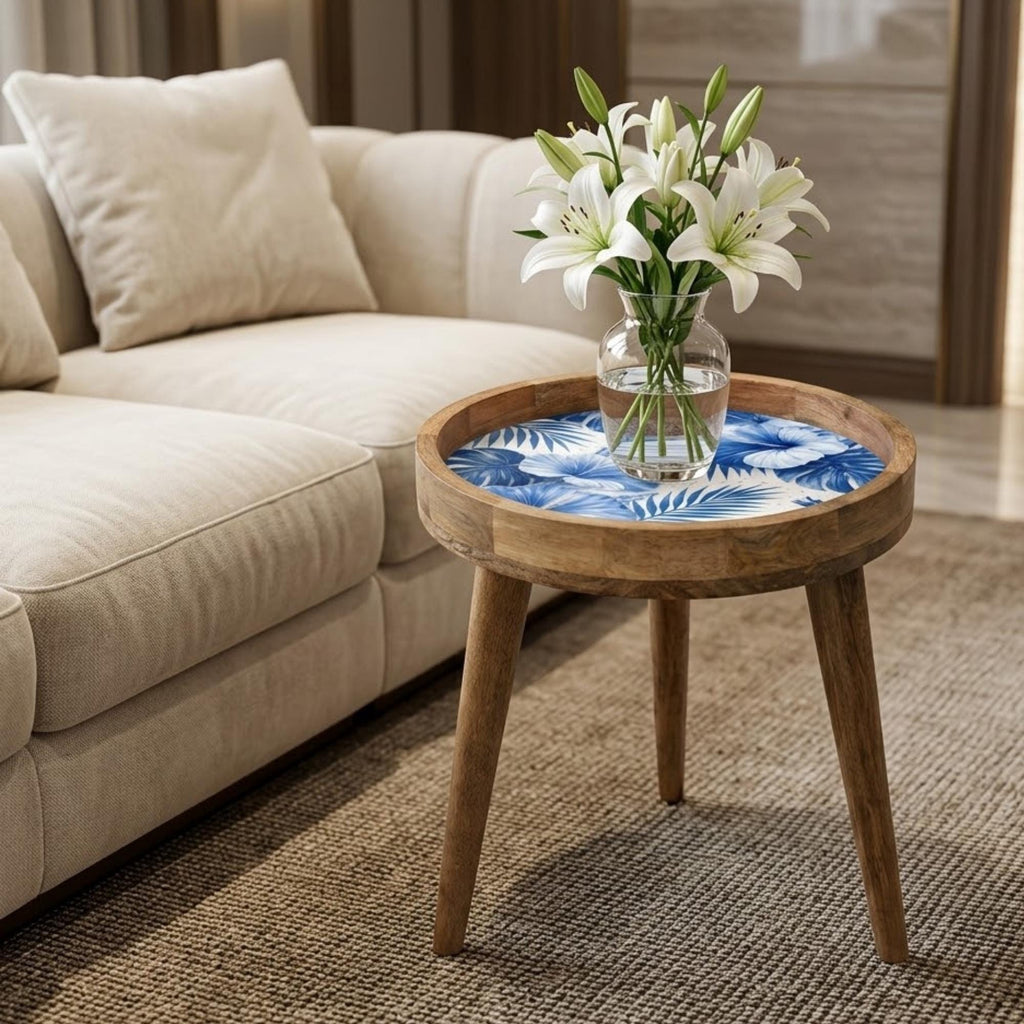 Handmade Mango Wood Side Table | Blue Tropical Floral Print, Round Accent