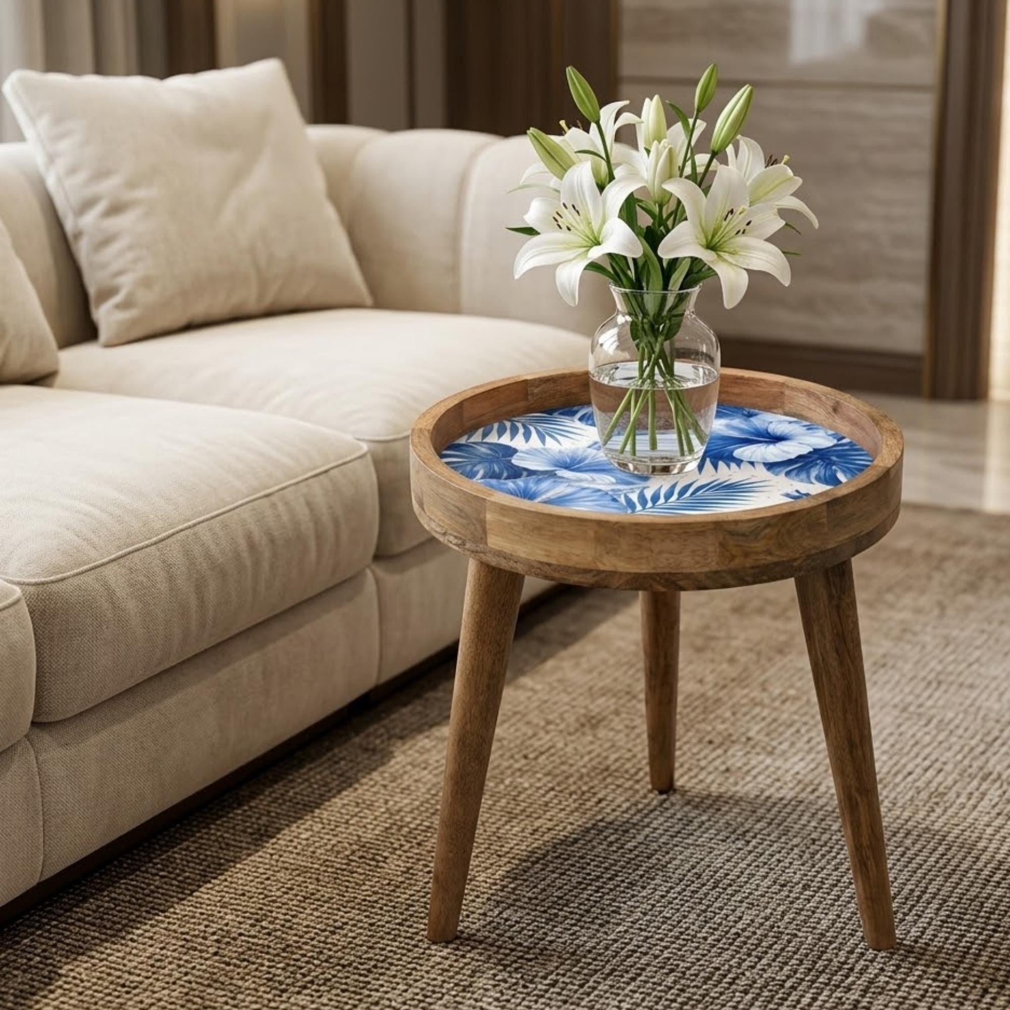 Handmade Mango Wood Side Table | Blue Tropical Floral Print, Round Accent