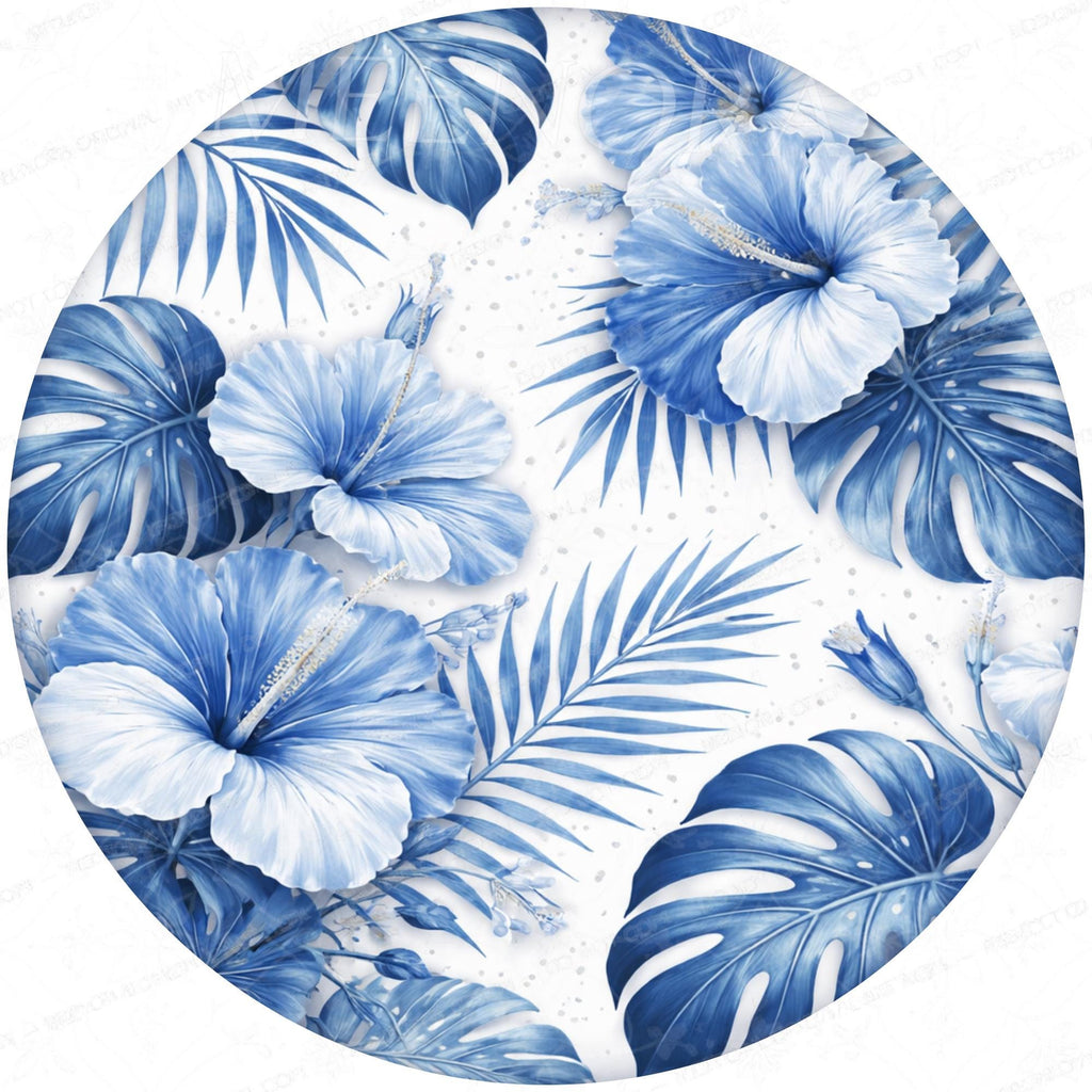 Handmade Mango Wood Side Table | Blue Tropical Floral Print, Round Accent
