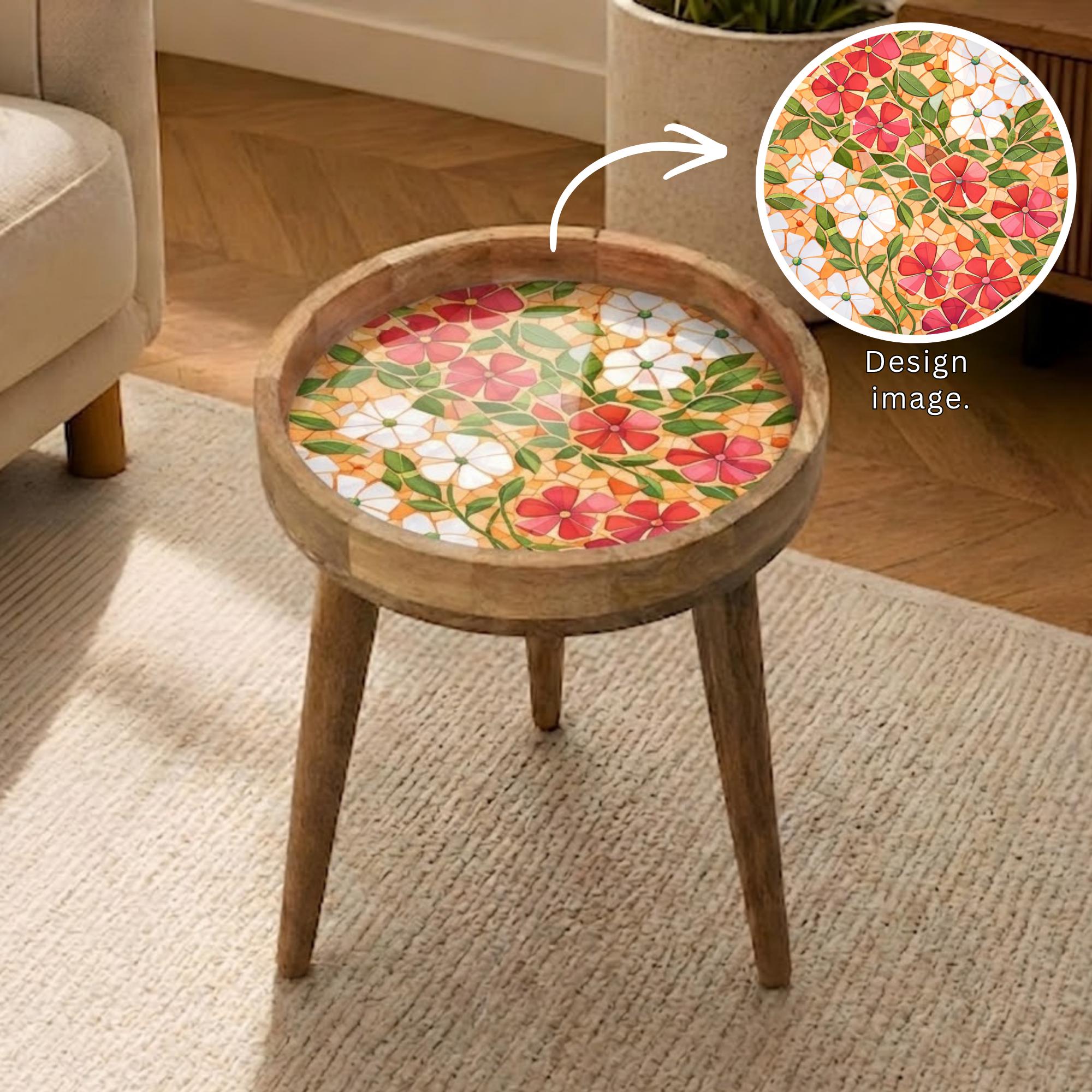 Round Floral Printed End Table | Handmade Mango Wood Side Table | Colorful Home Decor
