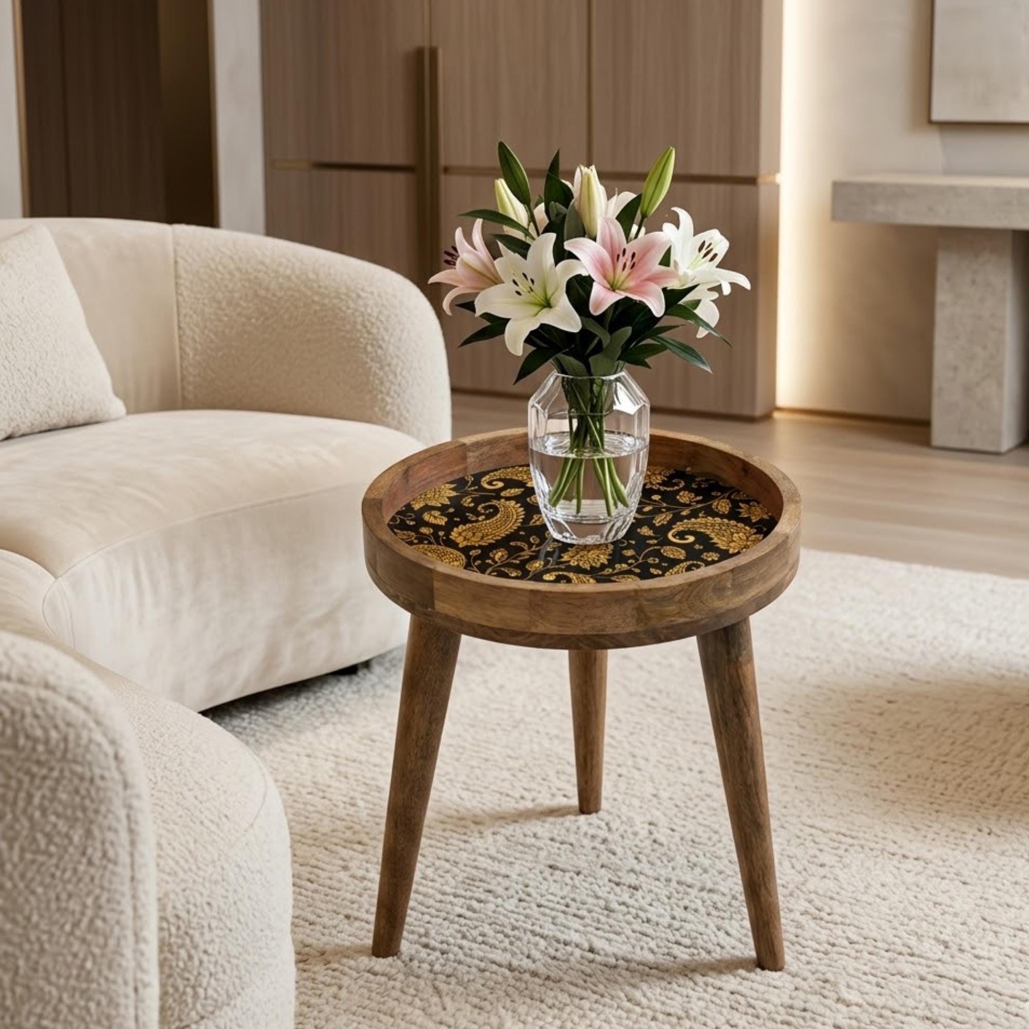Handmade Mango Wood Side Table | Black Gold Floral Print Accent Table