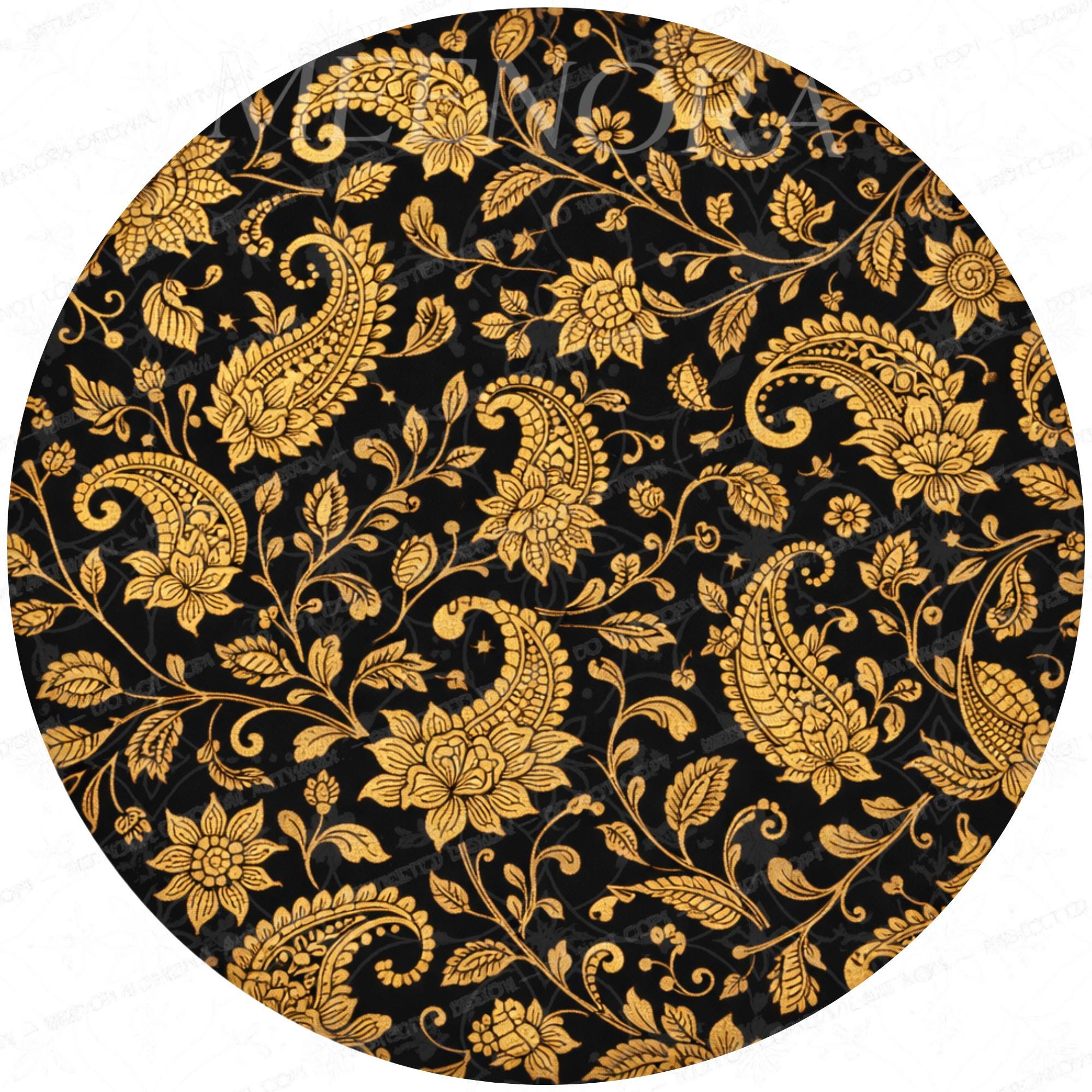 Handmade Mango Wood Side Table | Black Gold Floral Print Accent Table