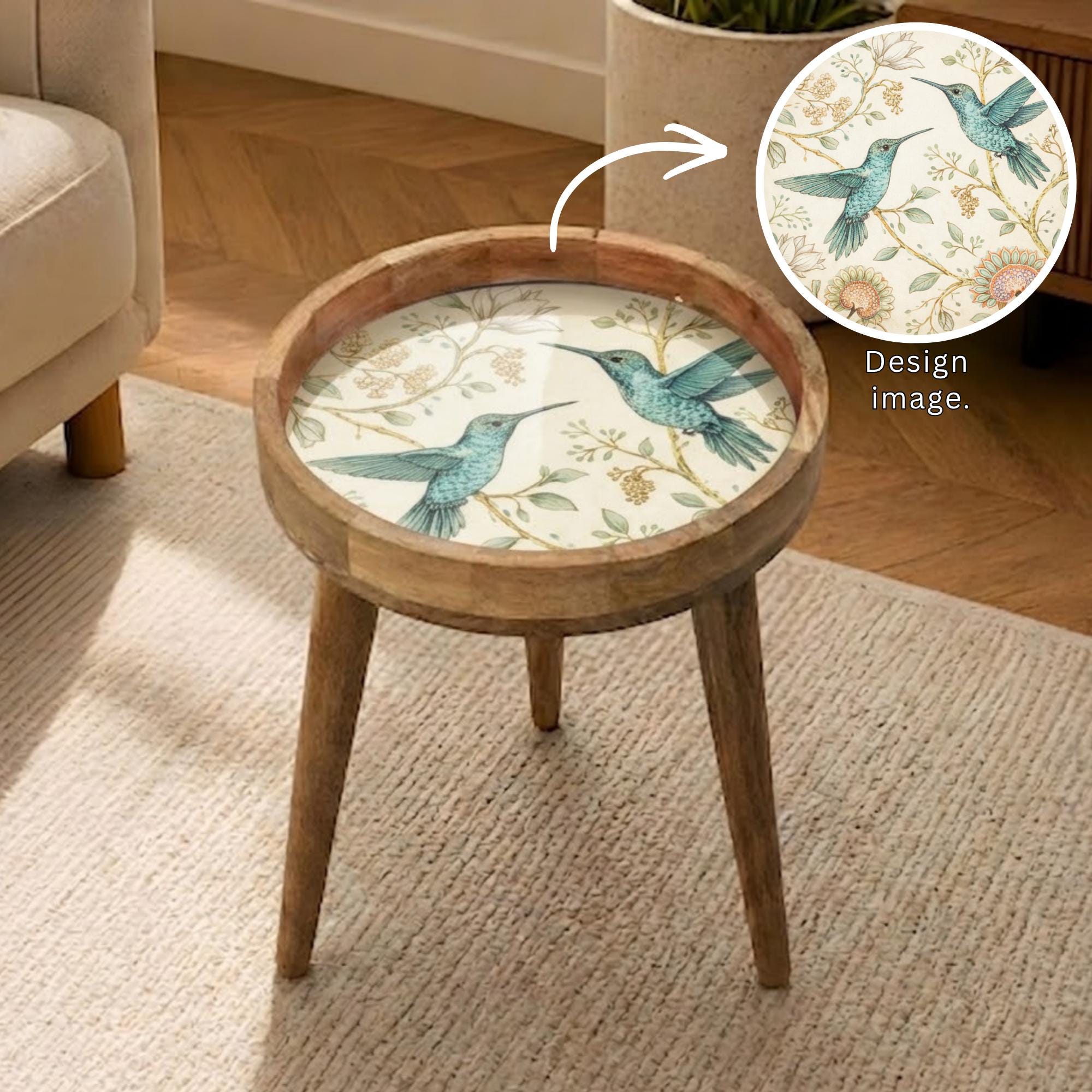 Botanical Bird Side Table | Handmade Mango Wood End Table | Round Accent Furniture