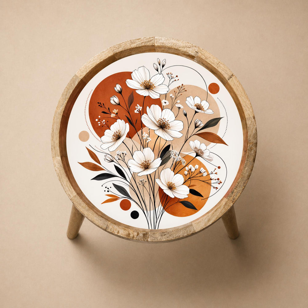 Handmade Mango Wood Side Table | Floral Printed Round Accent Boho Decor