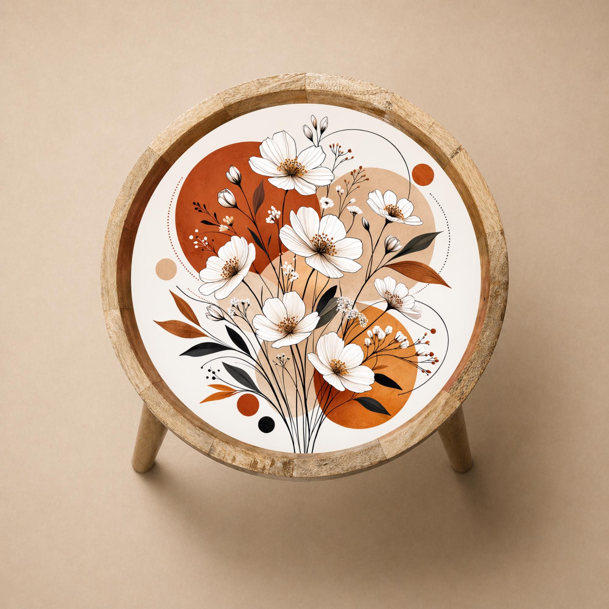 Handmade Mango Wood Side Table | Floral Printed Round Accent Boho Decor