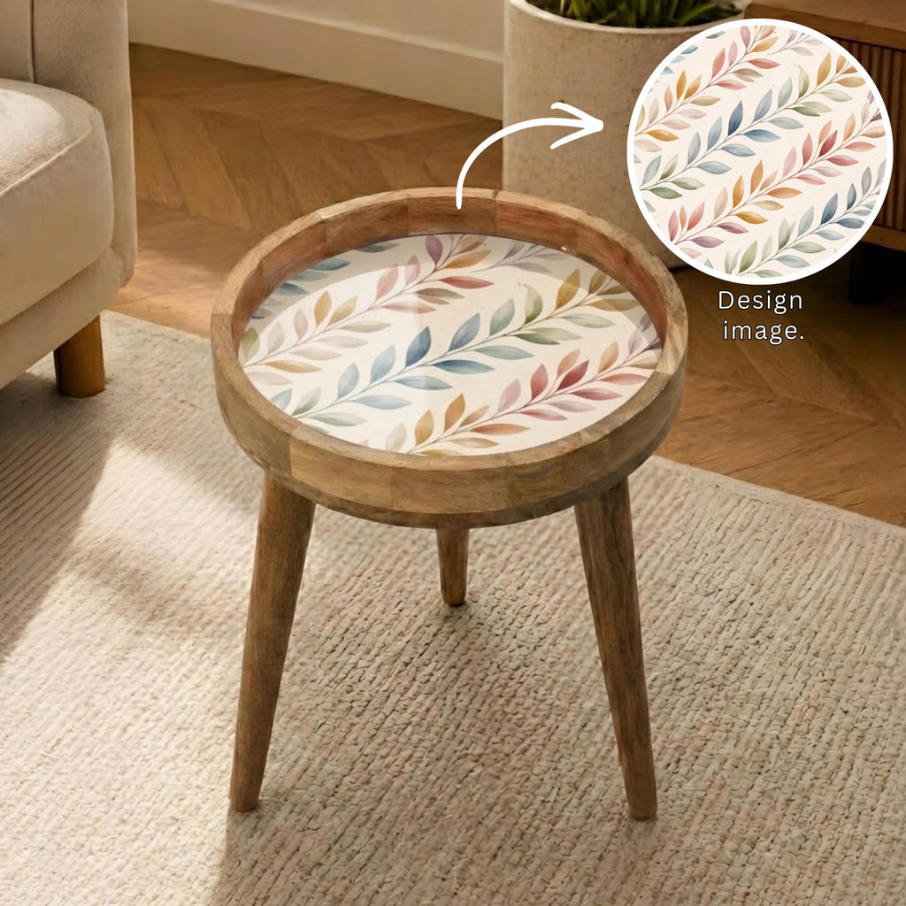 Handmade Mango Wood Side Table | Botanical Leaf Print Round Accent Boho Decor