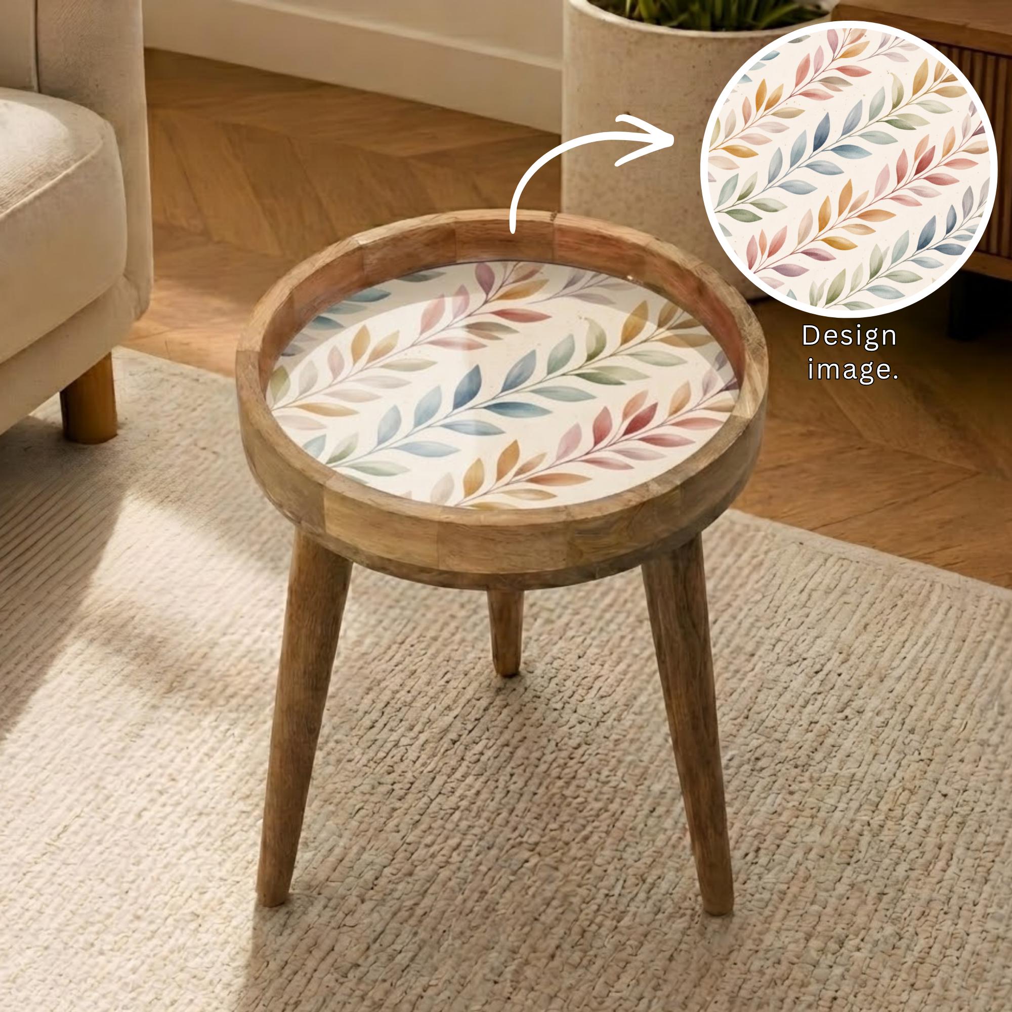 Handmade Mango Wood Side Table | Botanical Leaf Print Round Accent Boho Decor