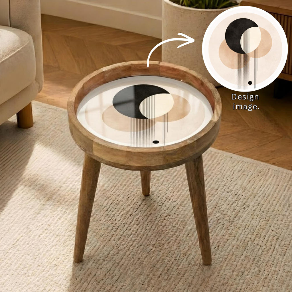 Handmade Mango Wood Side Table | Abstract Geometric Print, Modern Accent Furniture