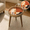 Handmade Mango Wood Side Table | Abstract Geometric Print, Round Accent Furniture