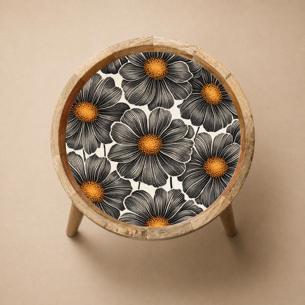 Handmade Mango Wood Side Table | Black Floral Print Accent Table