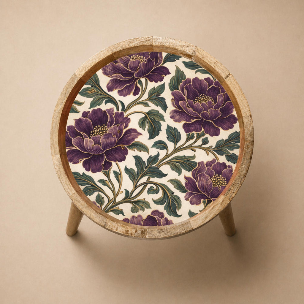 Handmade Mango Wood Side Table | Purple Floral Print Accent Table