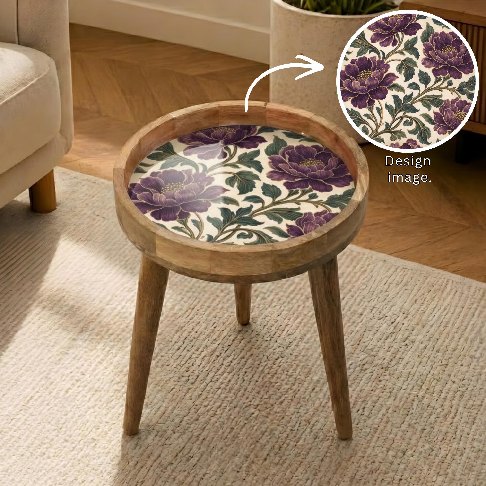 Handmade Mango Wood Side Table | Purple Floral Print Accent Table