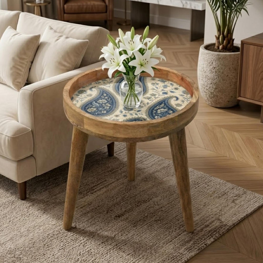 Handmade Mango Wood Side Table | Blue Paisley Print Round Accent Boho Decor