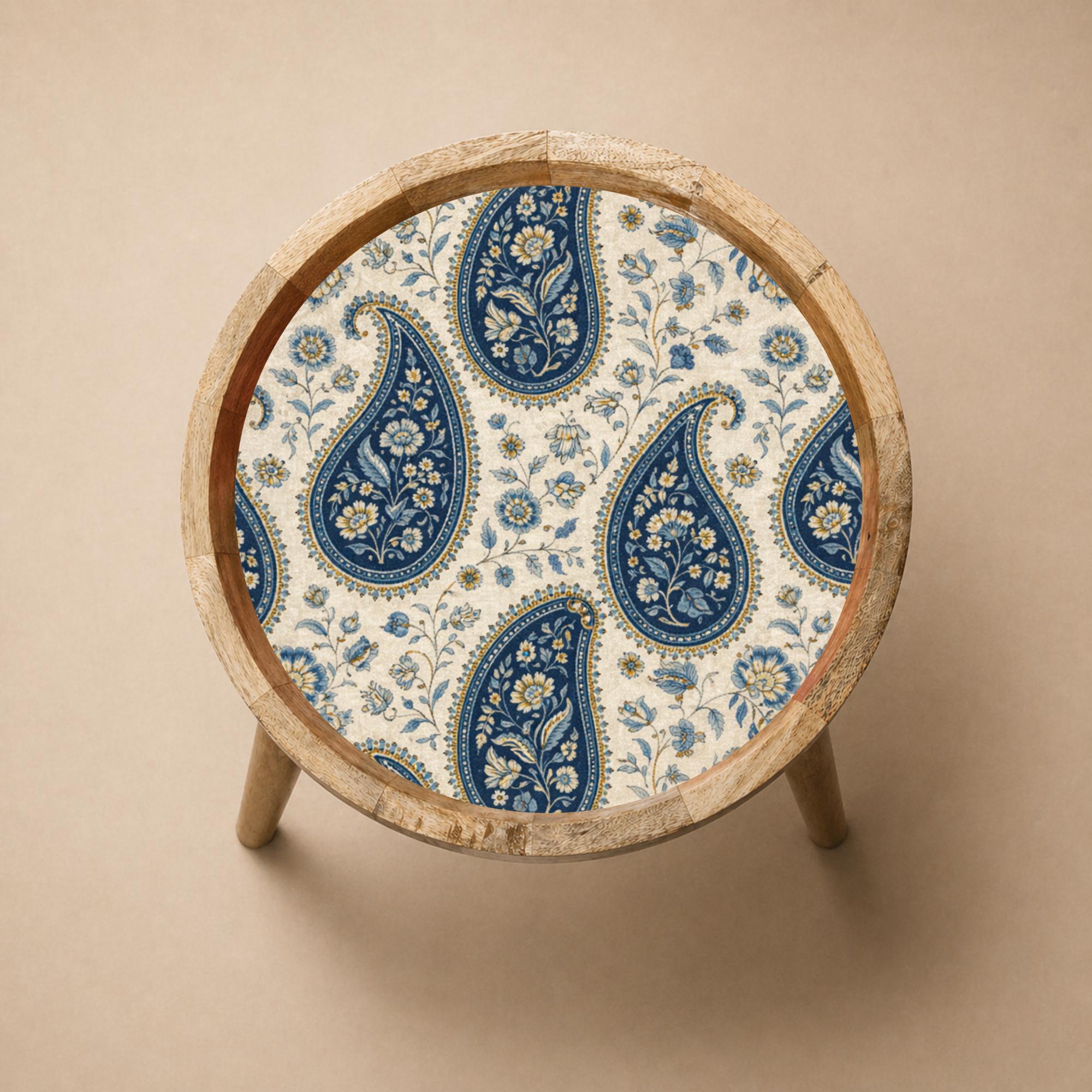Handmade Mango Wood Side Table | Blue Paisley Print Round Accent Boho Decor