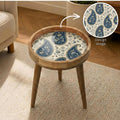 Handmade Mango Wood Side Table | Blue Paisley Print Round Accent Boho Decor