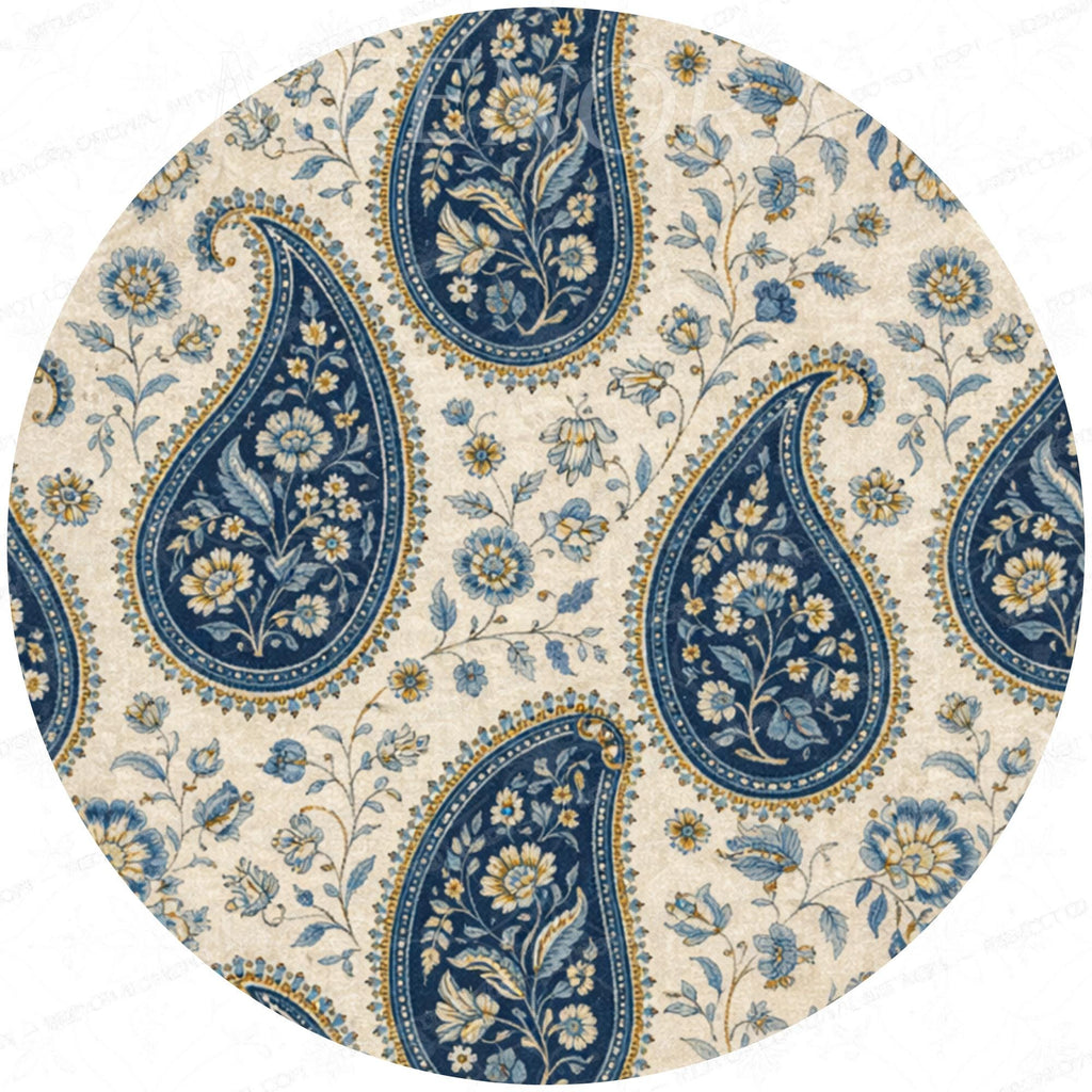 Handmade Mango Wood Side Table | Blue Paisley Print Round Accent Boho Decor