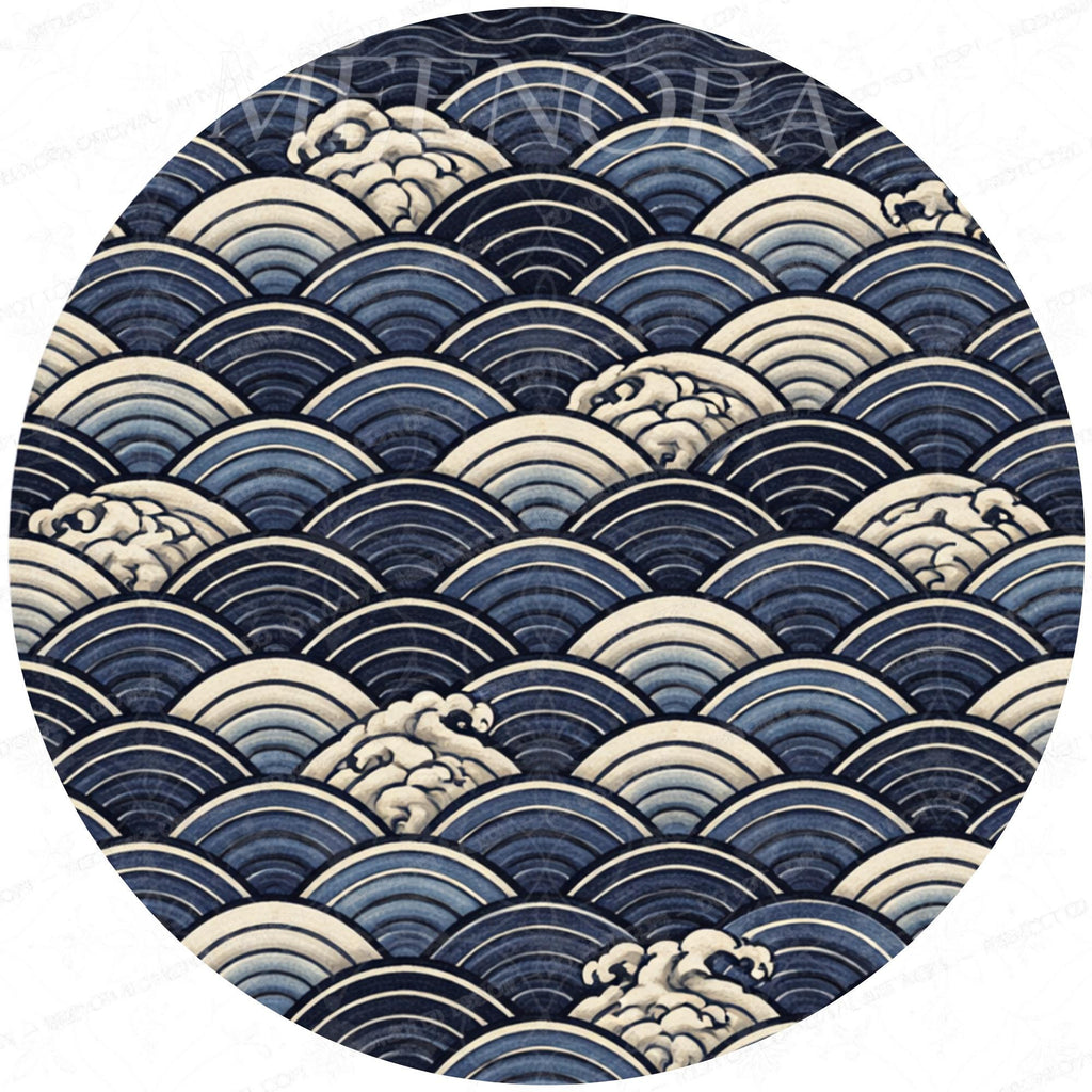 Handmade Mango Wood Side Table | Japanese Wave Print Accent Table