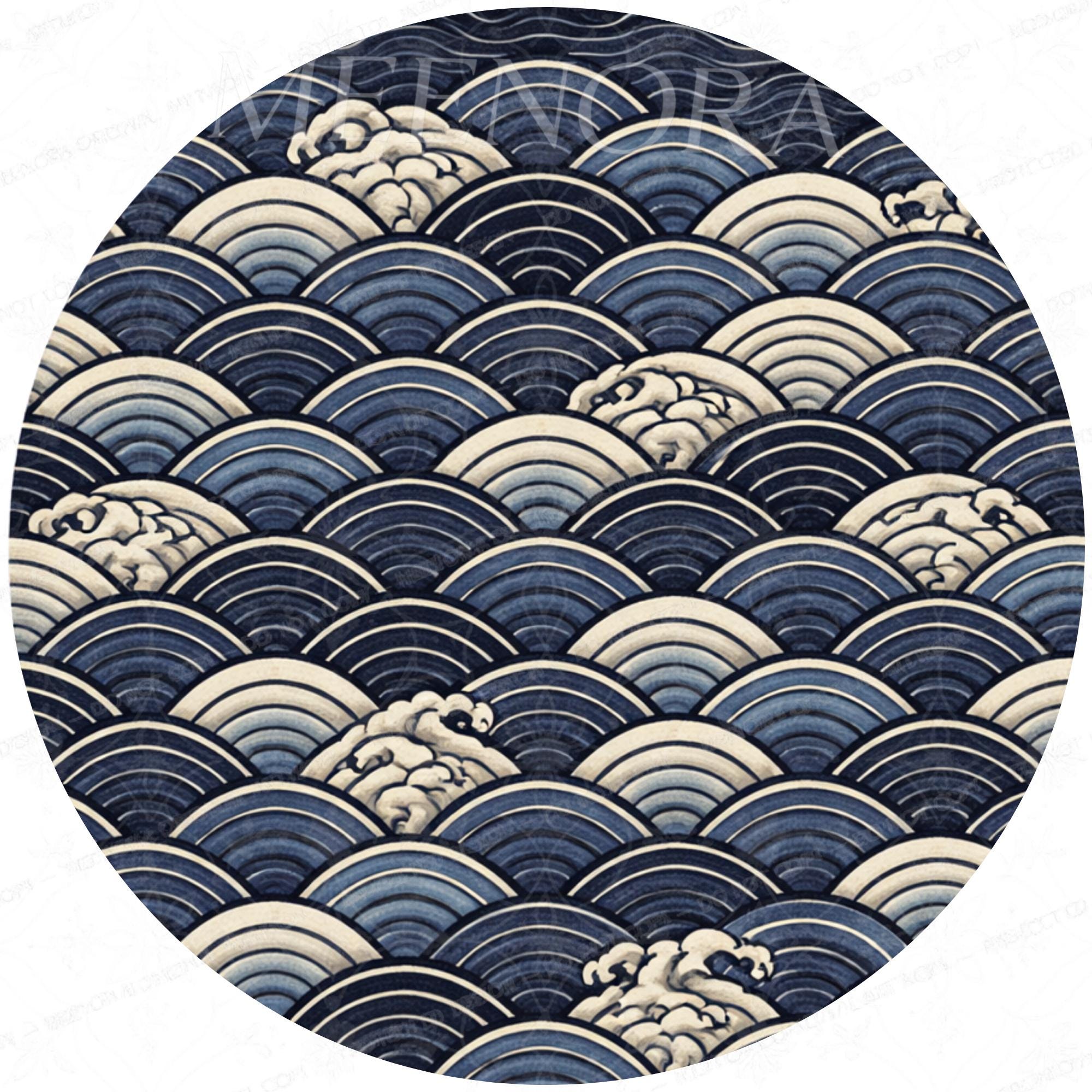 Handmade Mango Wood Side Table | Japanese Wave Print Accent Table