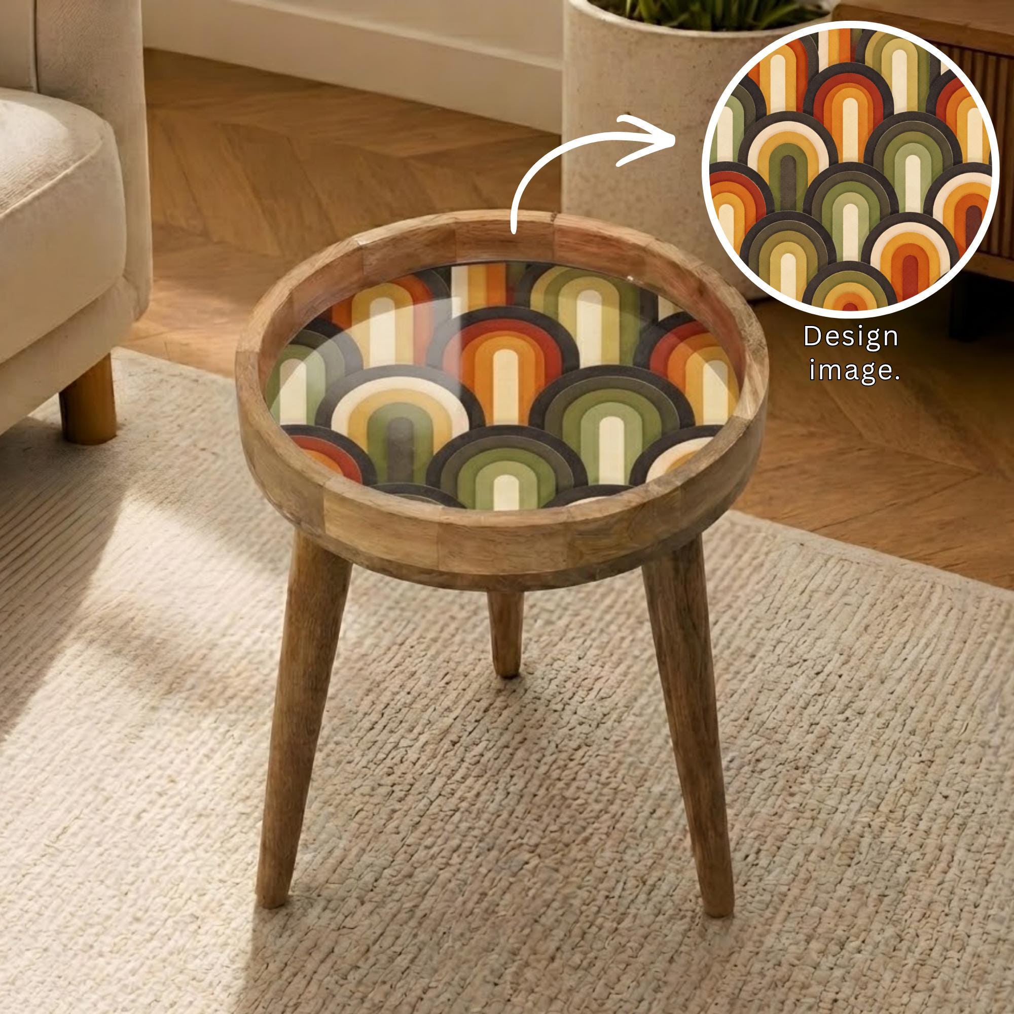 Handmade Mango Wood Side Table | Retro Geometric Print, Mid-Century Accent