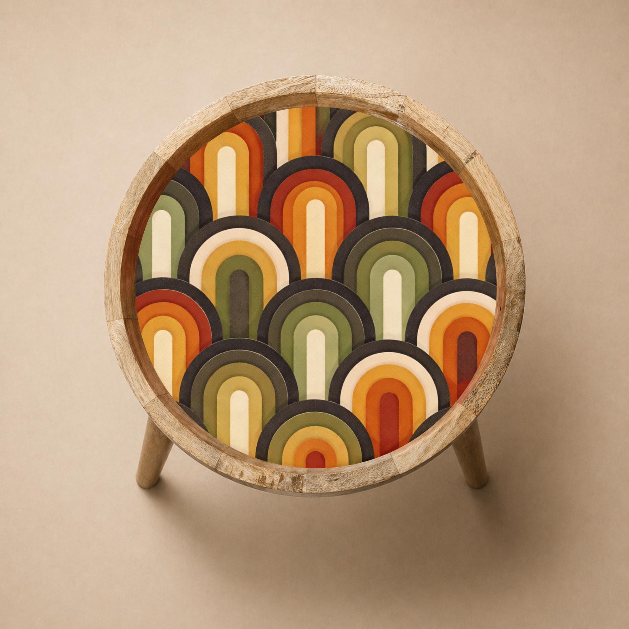 Handmade Mango Wood Side Table | Retro Geometric Print, Mid-Century Accent