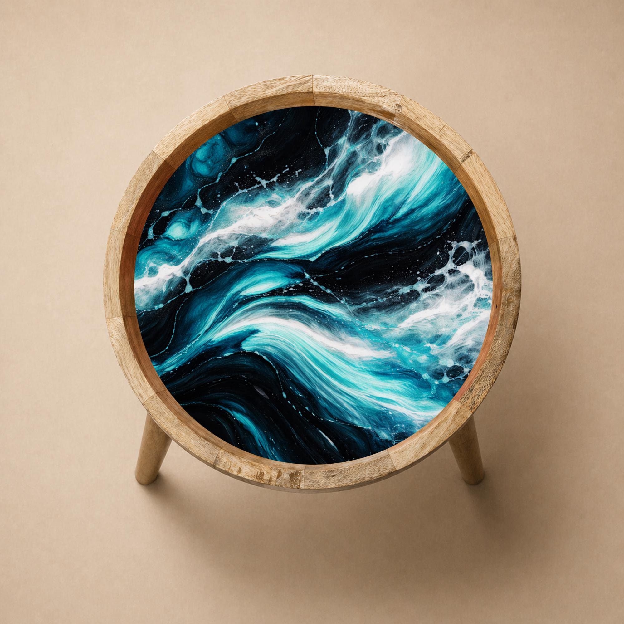 Handmade Mango Wood Side Table | Ocean Wave Printed Round Accent Table