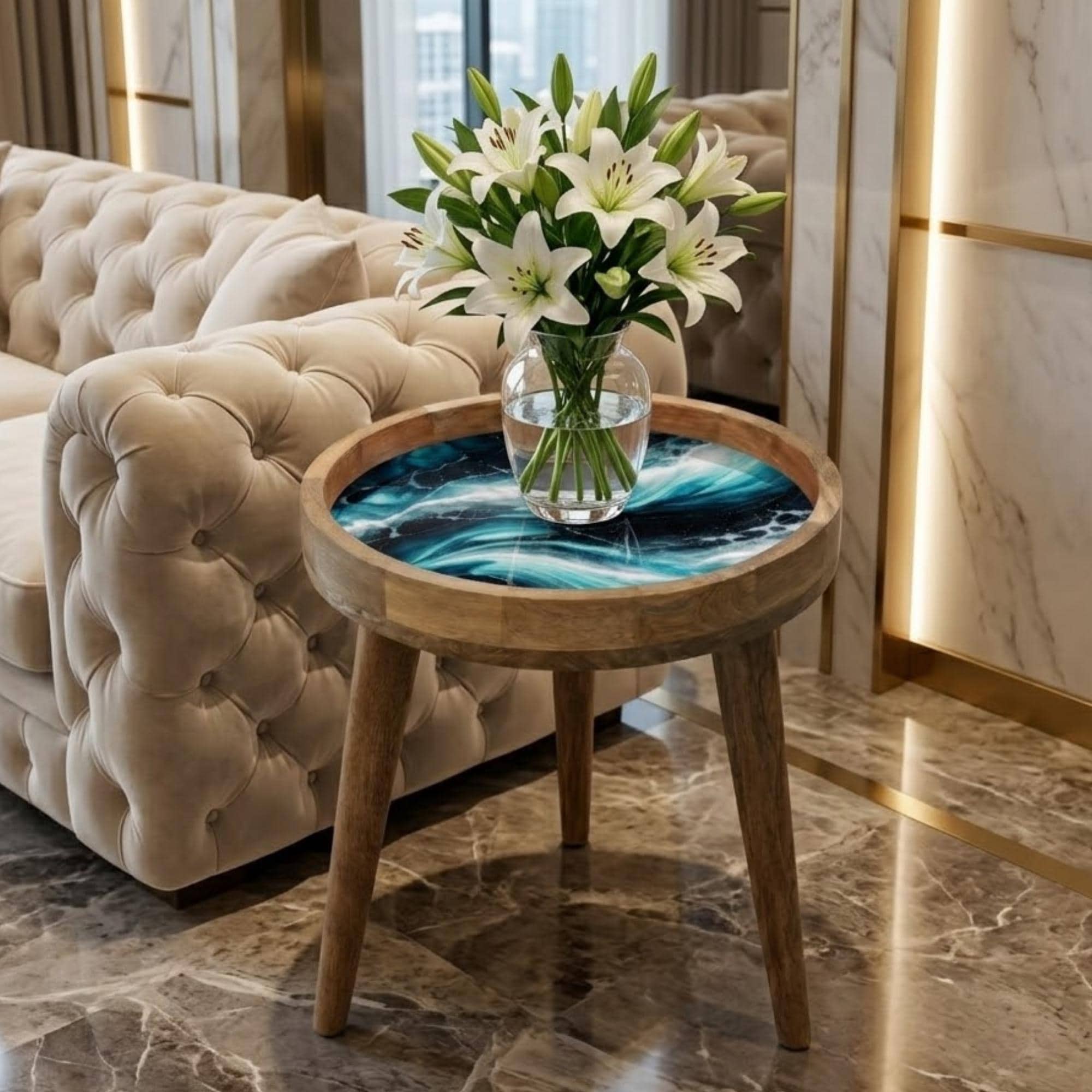 Handmade Mango Wood Side Table | Ocean Wave Printed Round Accent Table