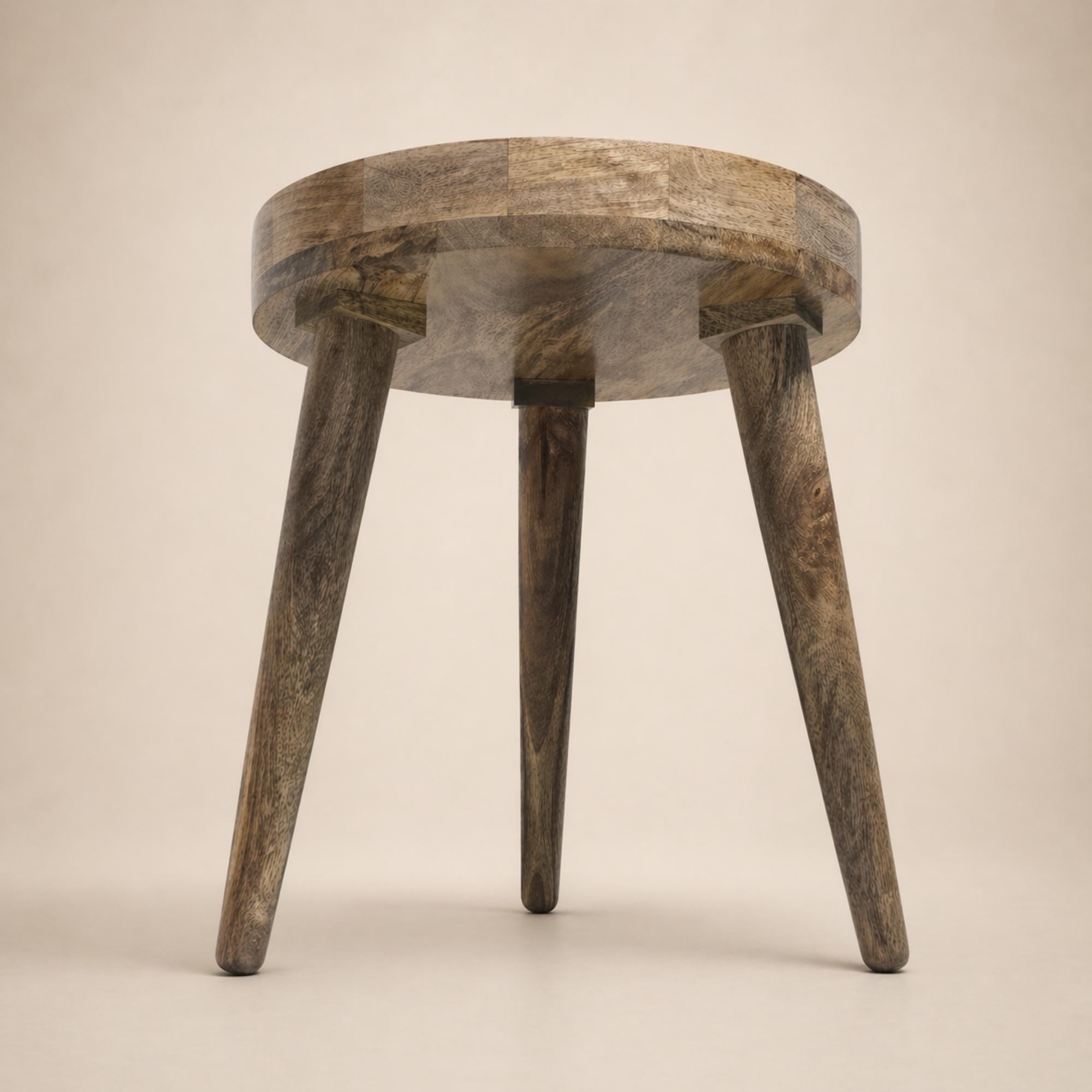 Handmade Mango Wood Side Table | Abstract Face Print Round Accent Table