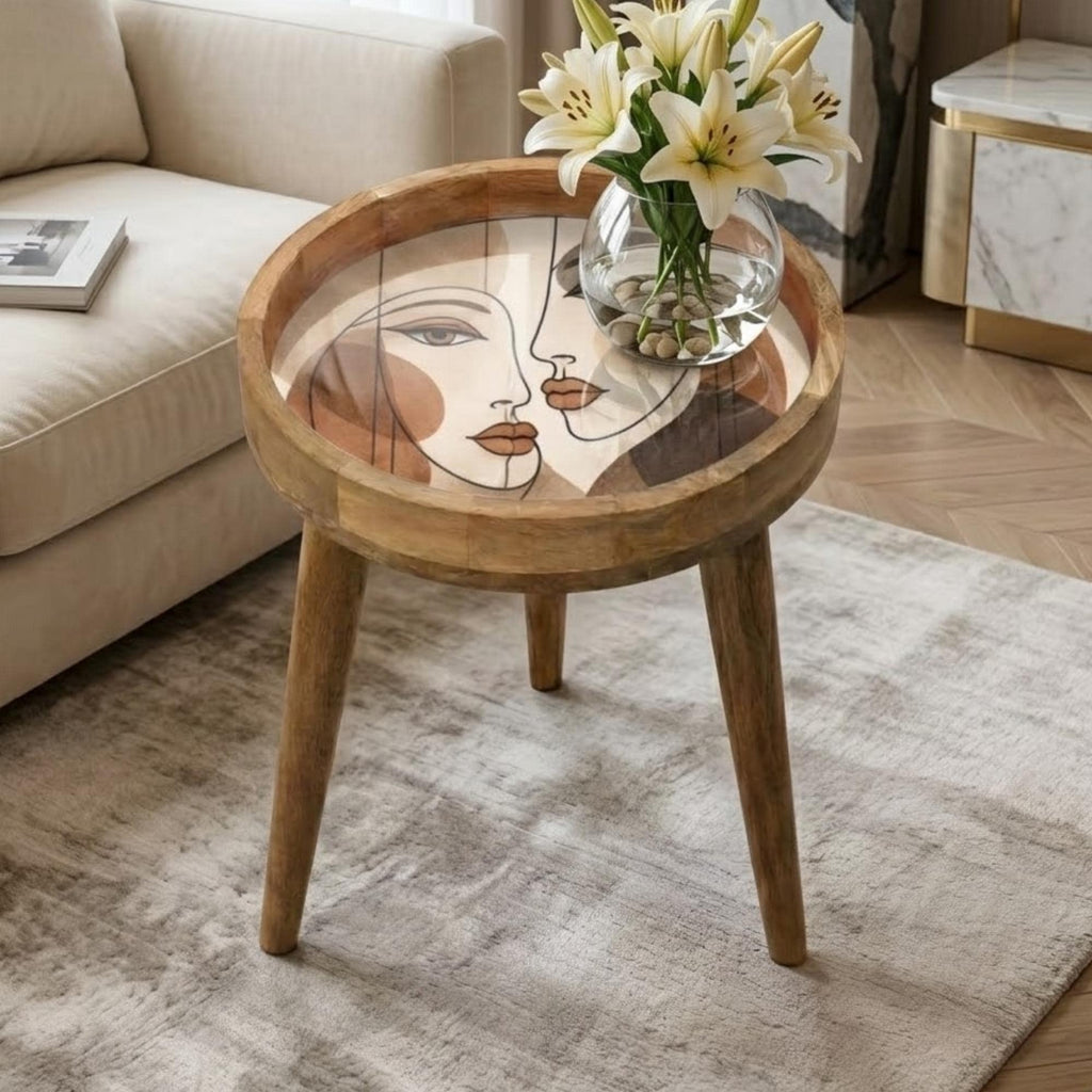 Handmade Mango Wood Side Table | Abstract Face Print Round Accent Table
