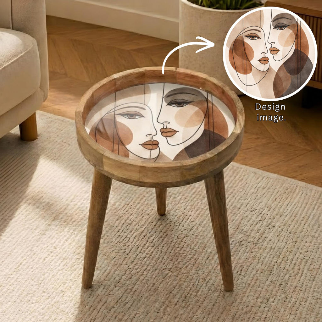 Handmade Mango Wood Side Table | Abstract Face Print Round Accent Table