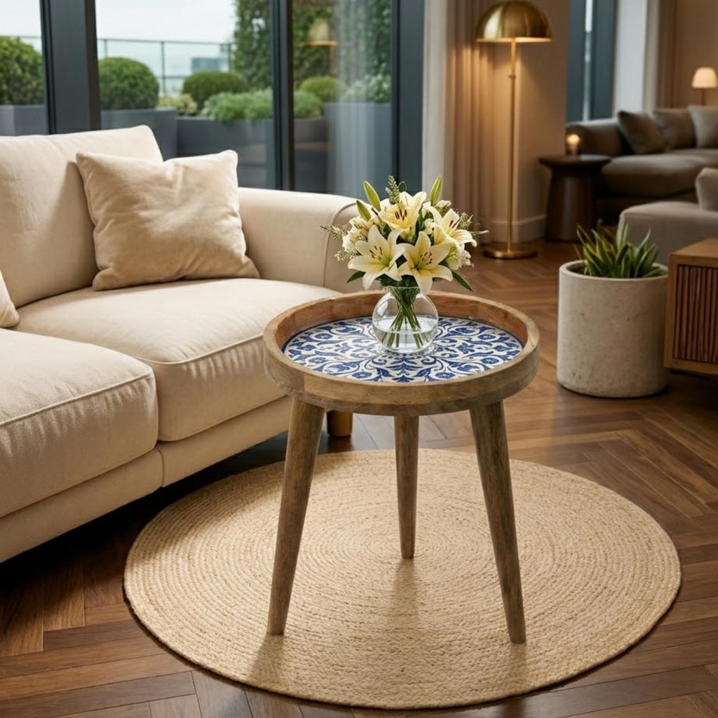 Handmade Mango Wood Side Table | Blue Tile Printed Round Accent Table