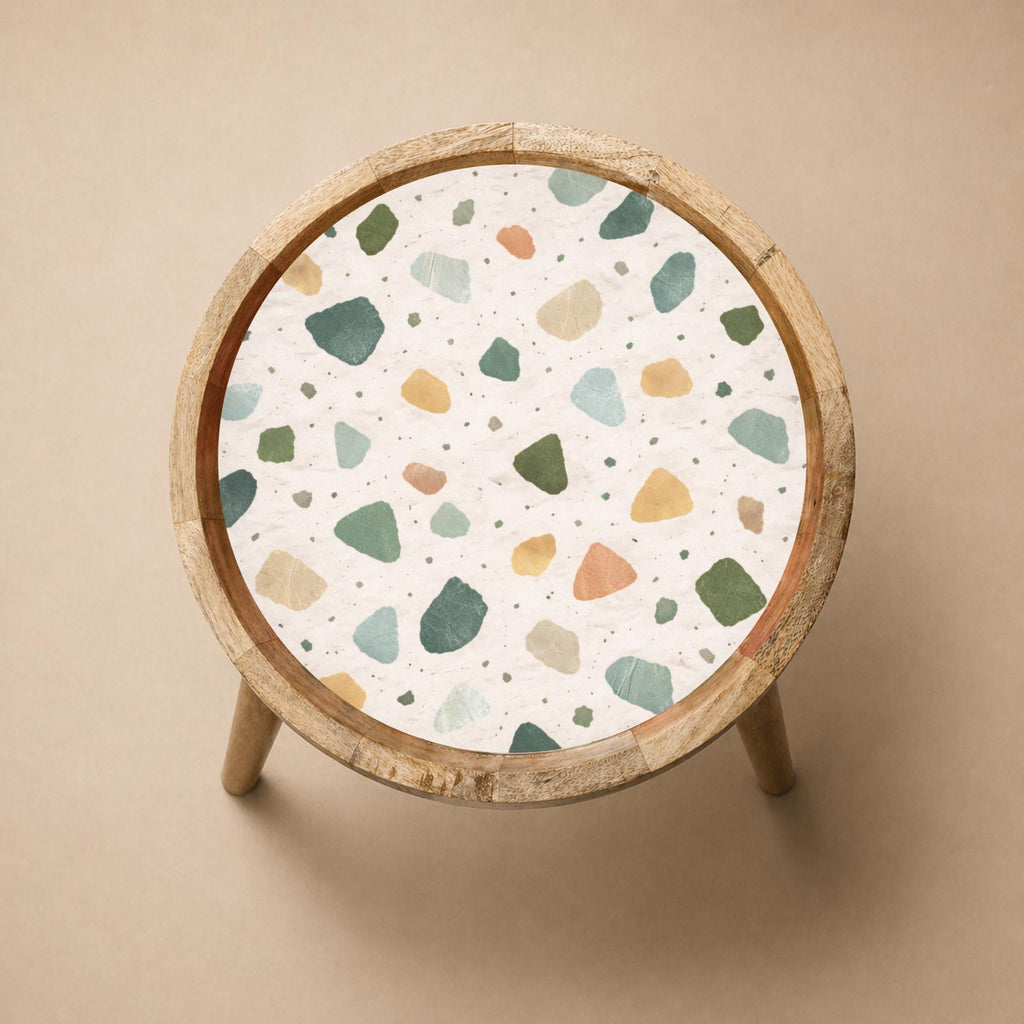 Handmade Mango Wood Side Table | Terrazzo Print Round Accent Table