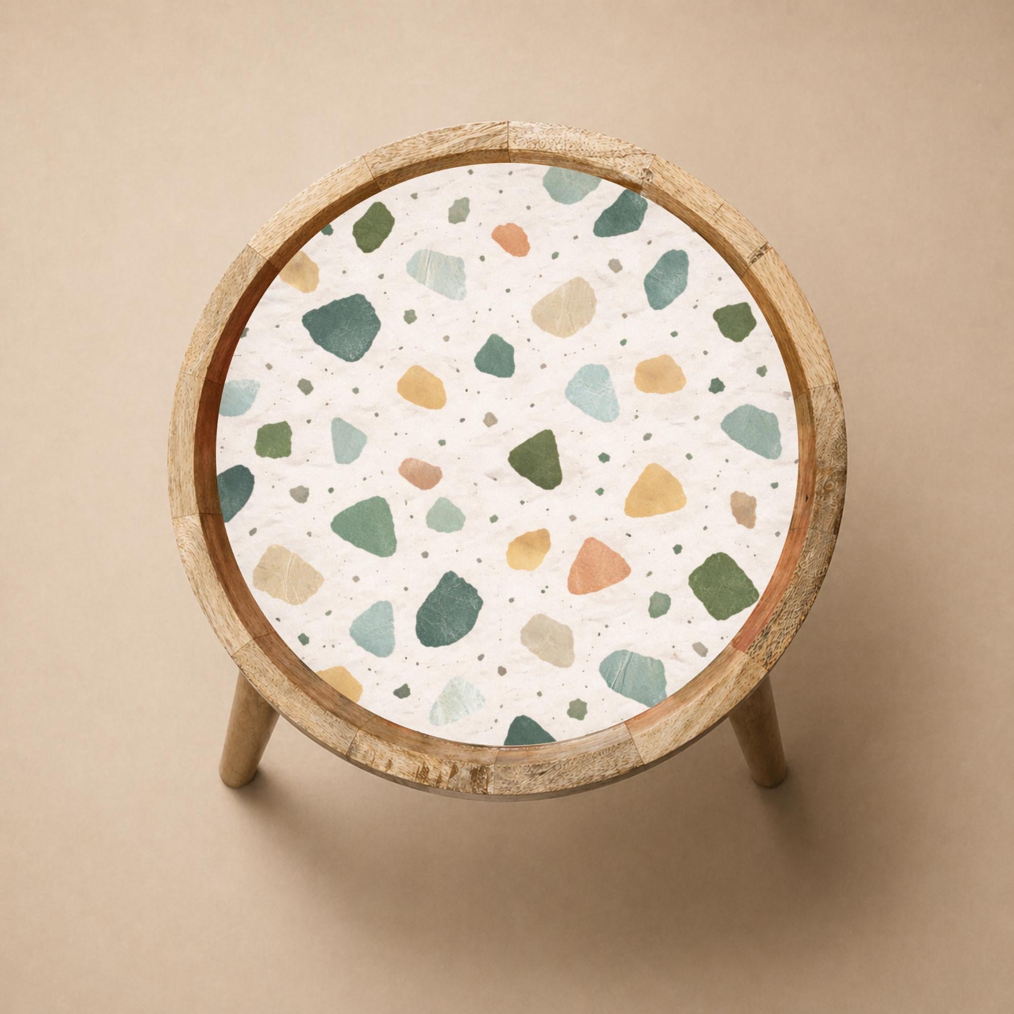 Handmade Mango Wood Side Table | Terrazzo Print Round Accent Table