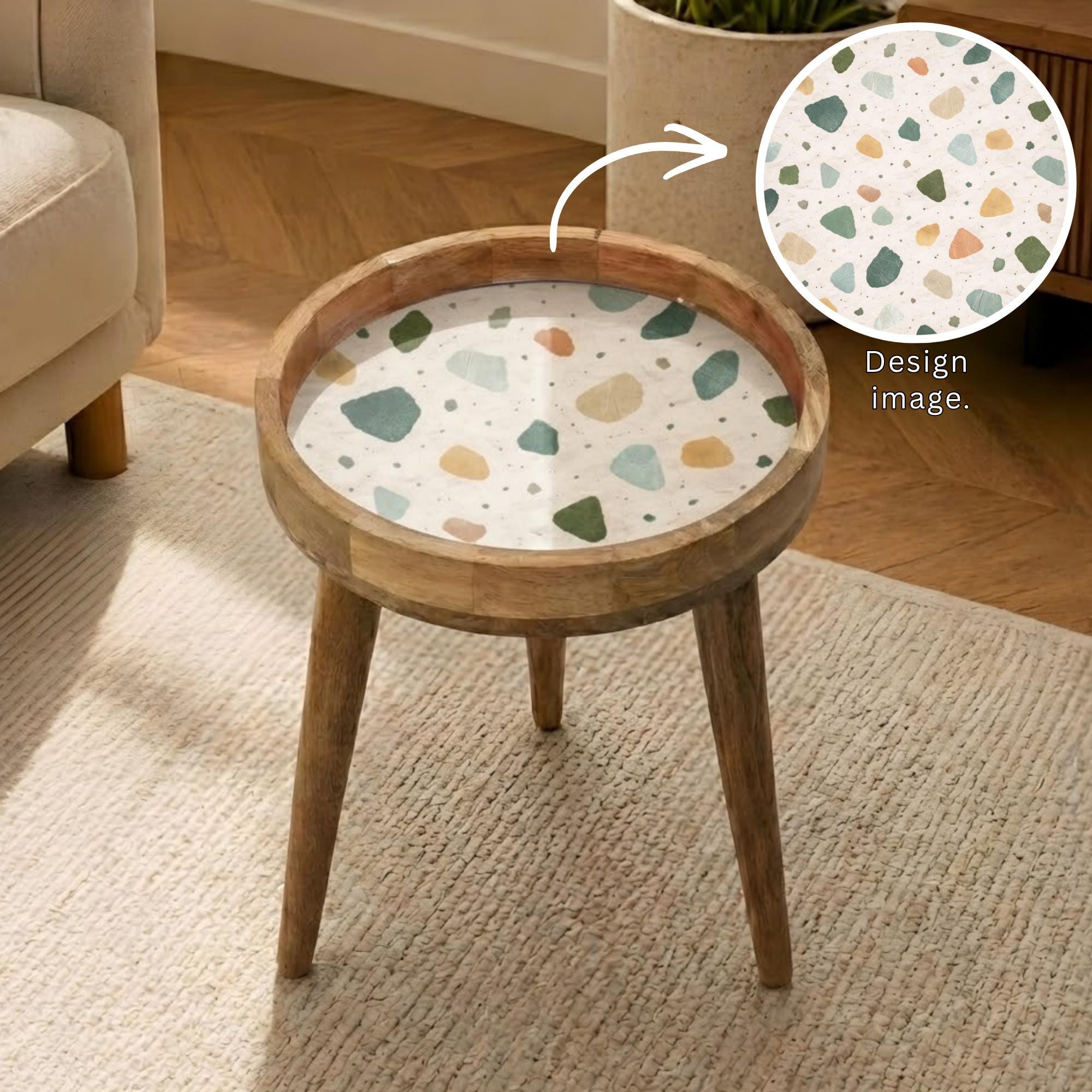 Handmade Mango Wood Side Table | Terrazzo Print Round Accent Table
