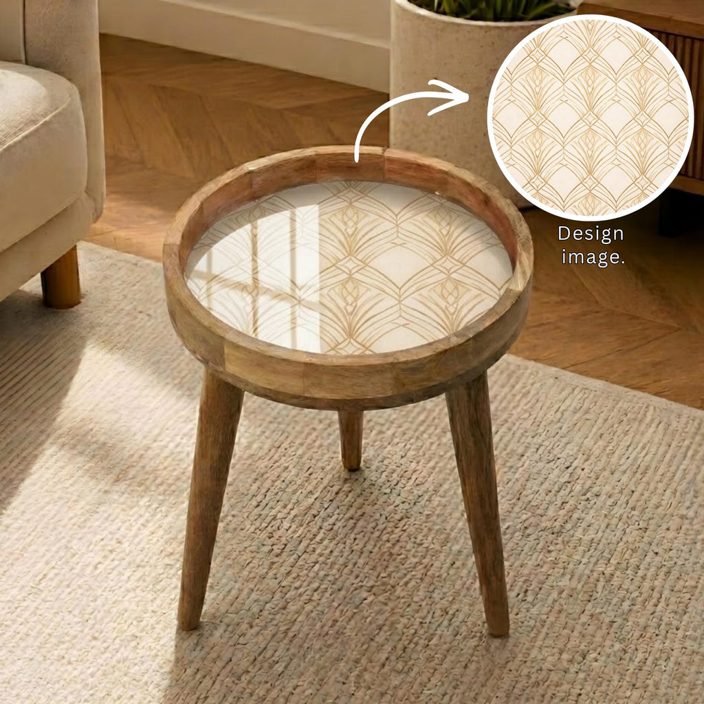 Handmade Mango Wood Side Table | Art Deco Geometric Print Round Accent Table
