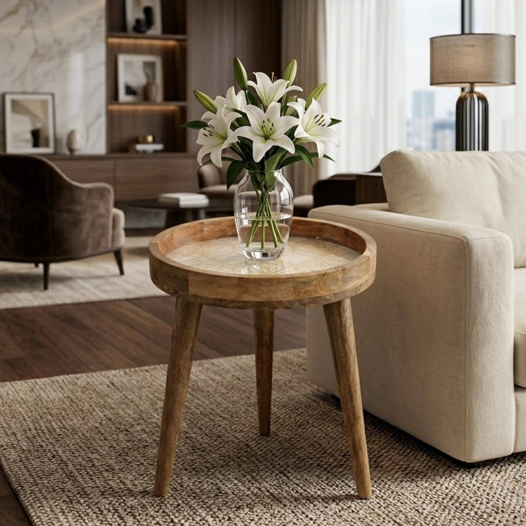 Handmade Mango Wood Side Table | Art Deco Geometric Print Round Accent Table